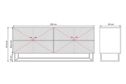 Komoda Asha 200 cm na kovovém podstavci - dub artisan / černý mat Komoda Asha 200 cm s frézovanou přední částí i metalowym stelazem - artisan / černá mat