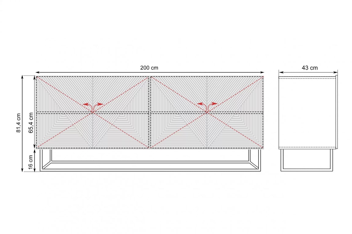 Komoda Asha 200 cm na kovovém podstavci - dub artisan / černý mat Komoda Asha 200 cm s frézovanou přední částí i metalowym stelazem - artisan / černá mat