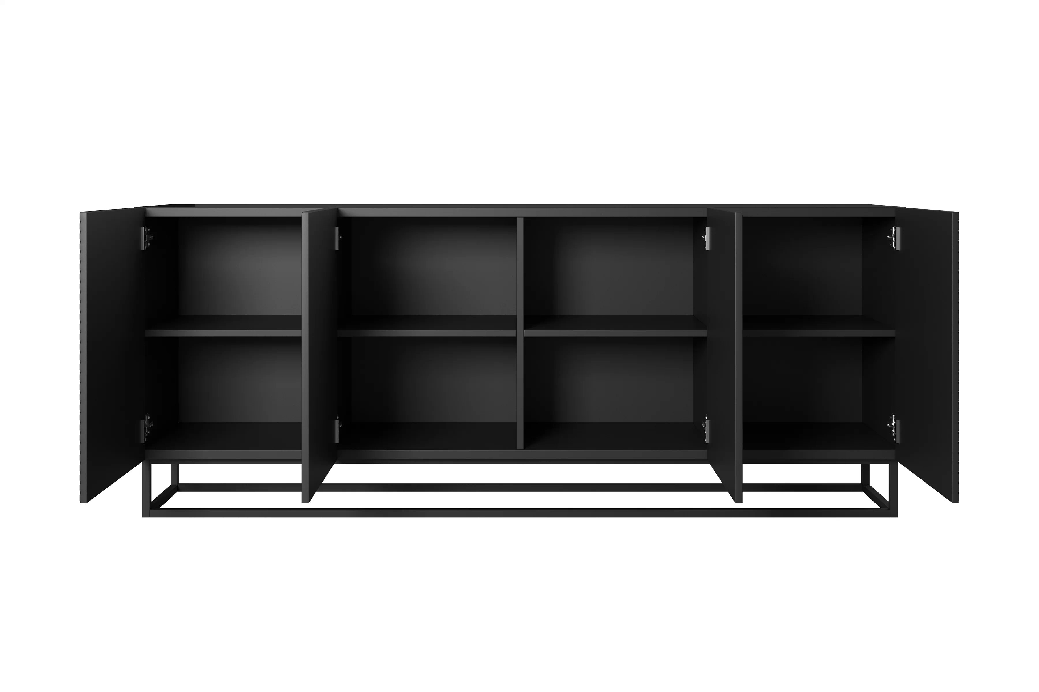 Komoda Asha 200 cm štvordverová na podstavci - čierny mat Komoda Asha 200 cm s frézovaným frontom i metalowym stelazem - Čierny mat