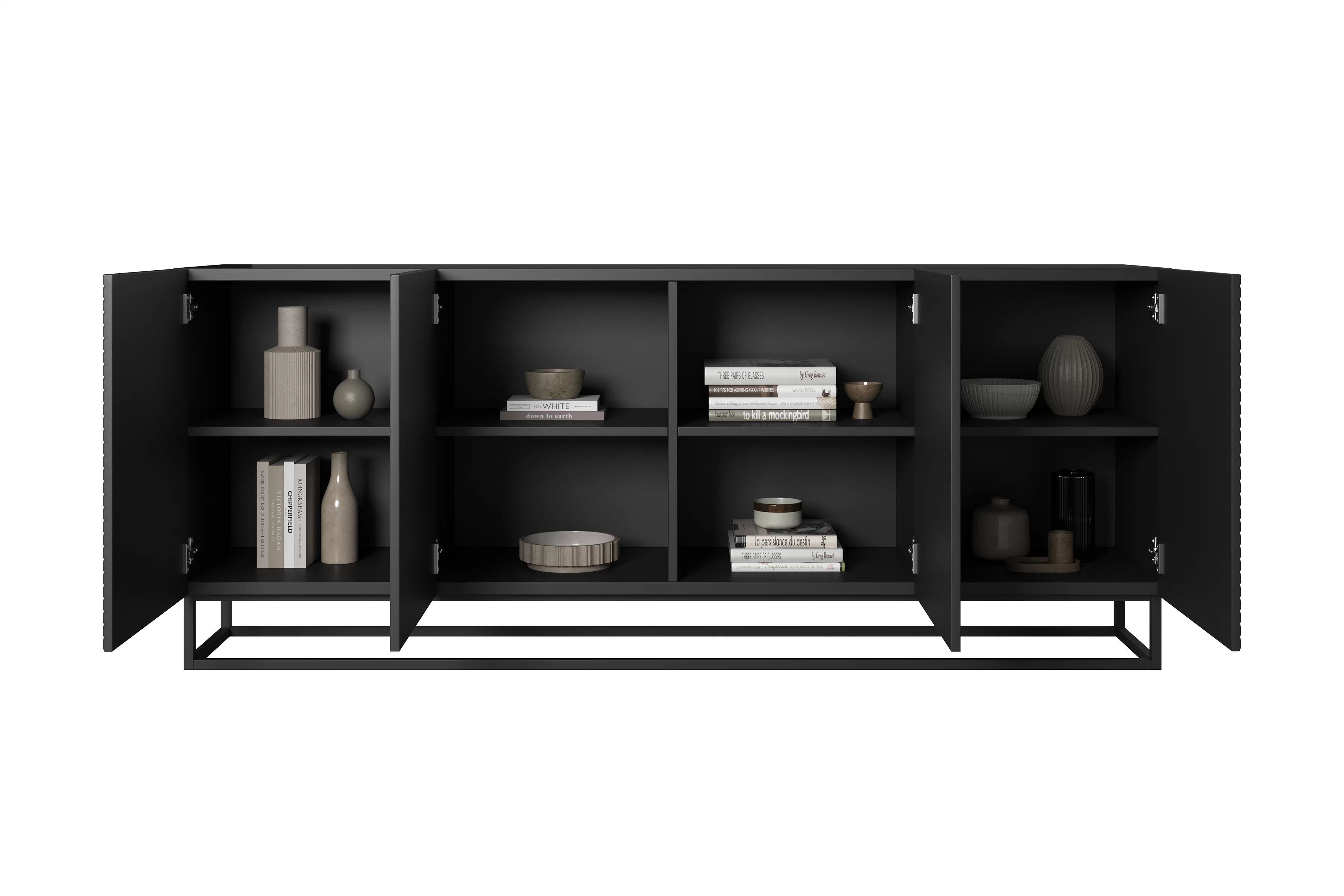 Komoda Asha 200 cm štvordverová na podstavci - čierny mat Komoda Asha 200 cm s frézovaným frontom i metalowym stelazem - Čierny mat