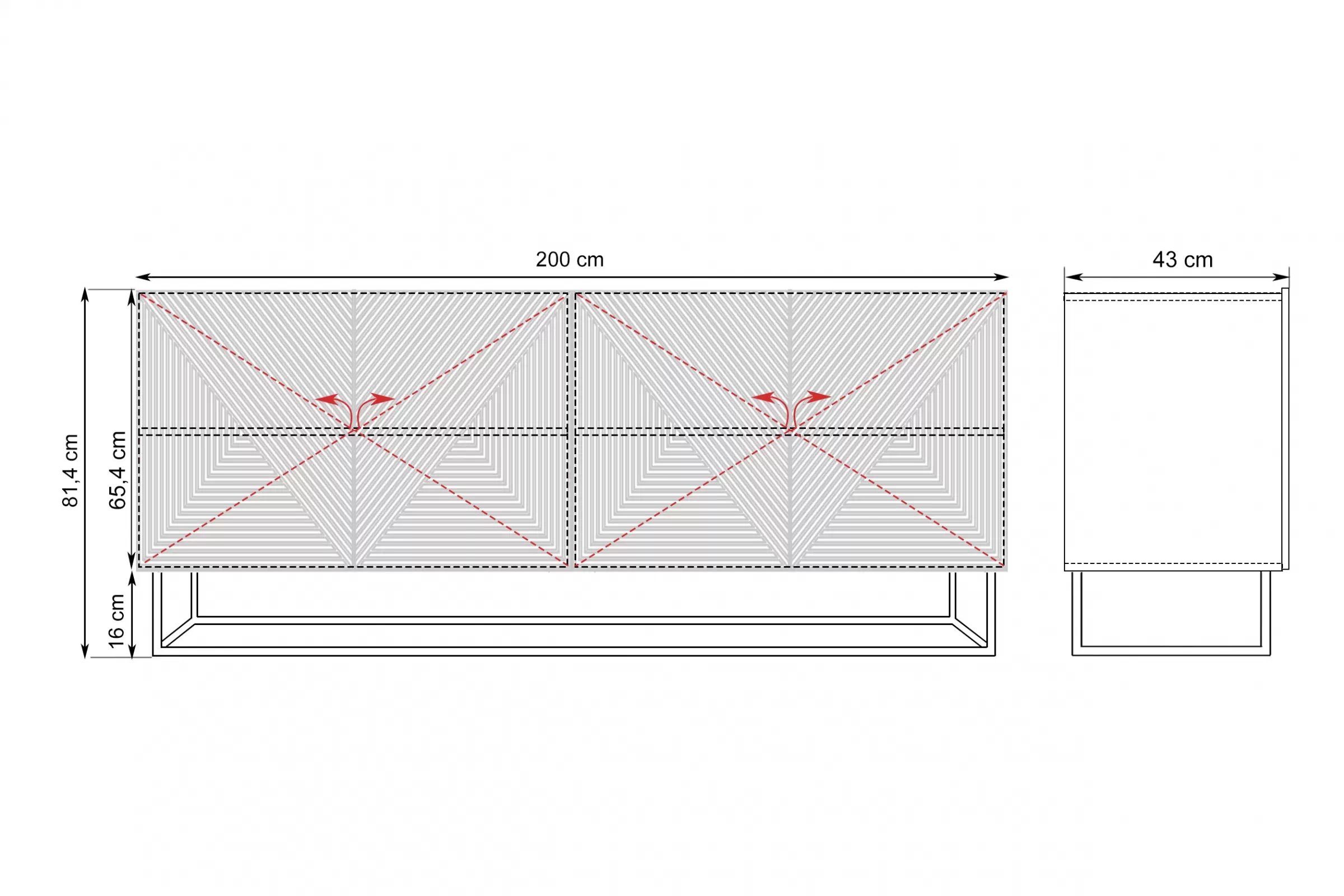 Komoda Asha 200 cm štvordverová na podstavci - čierny mat Komoda Asha 200 cm s frézovaným frontom i metalowym stelazem - Čierny mat