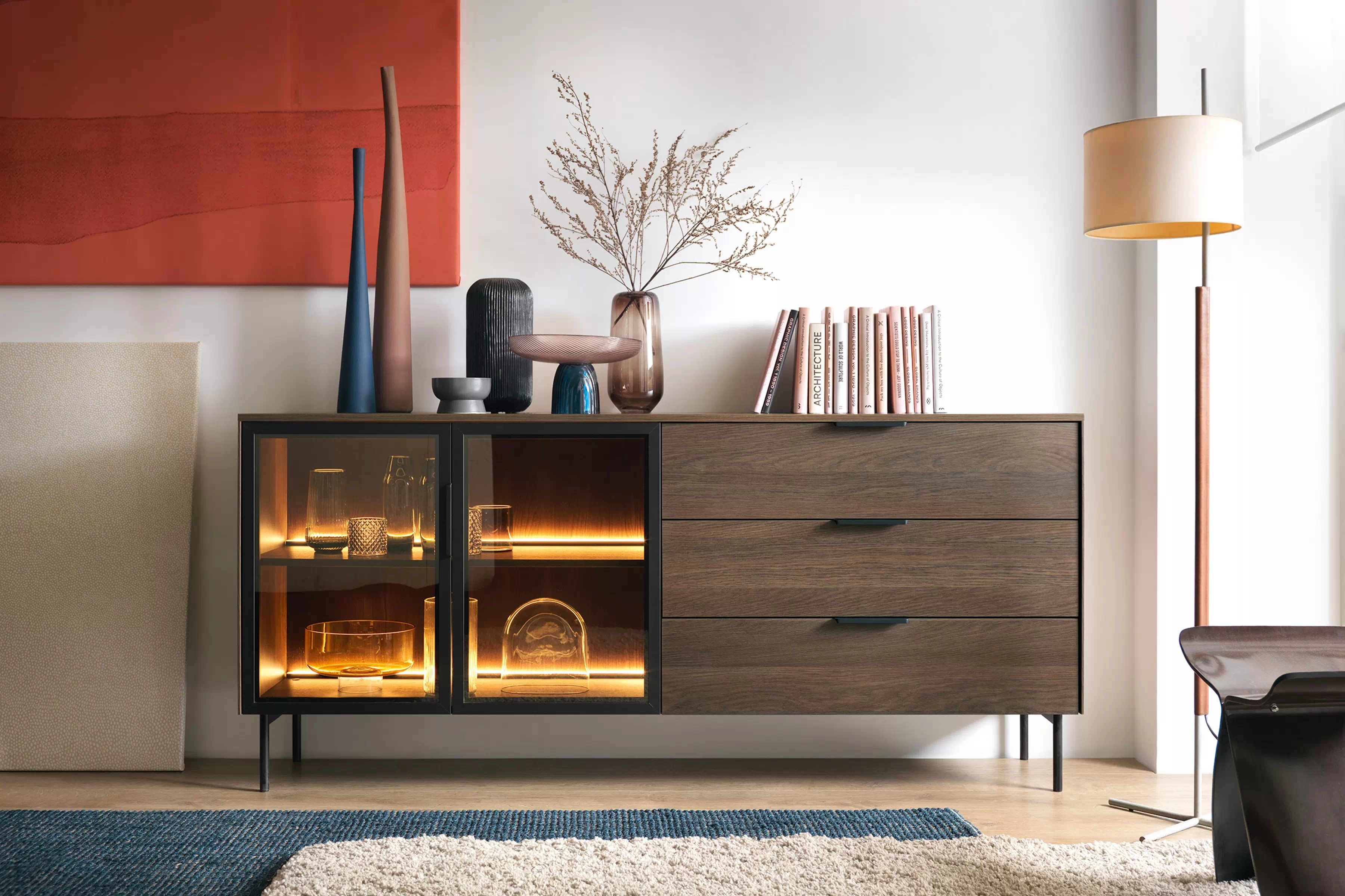 Komoda Auri 181 cm se zásuvkami a osvětlením - dub dunin / černá Komoda Auri 181 cm se zásuvkami i oswietleniem - dub dunin / černá