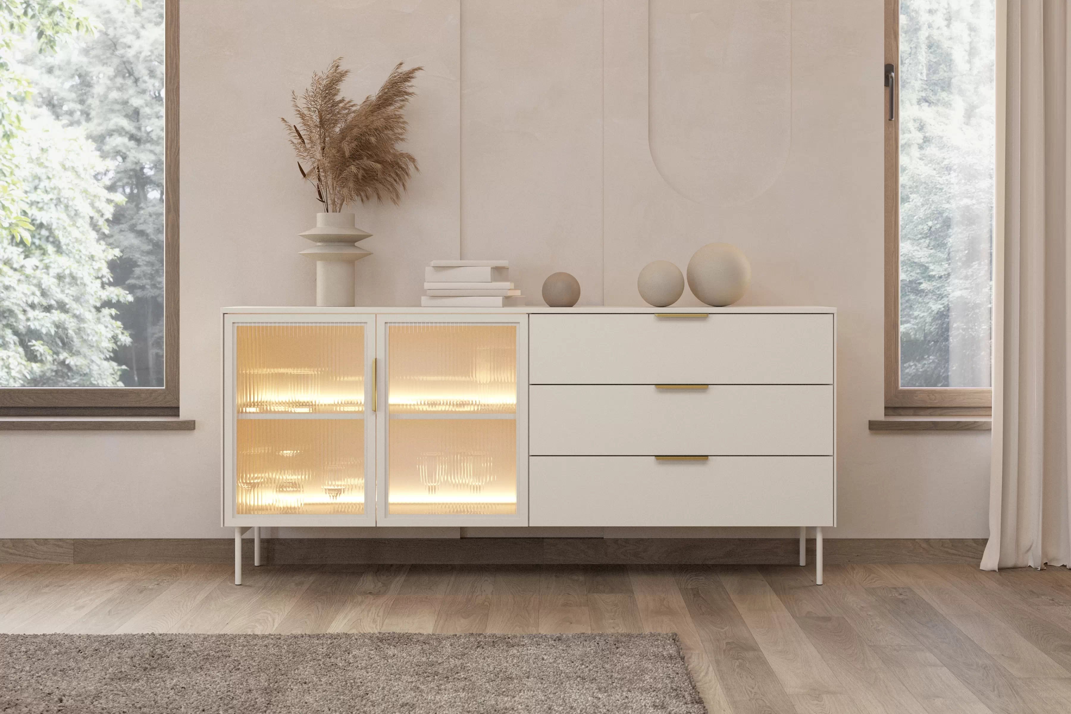 Komoda Auri 181 cm se zásuvkami a osvětlením - kašmír Komoda Auri 181 cm se zásuvkami i oswietleniem - kašmír