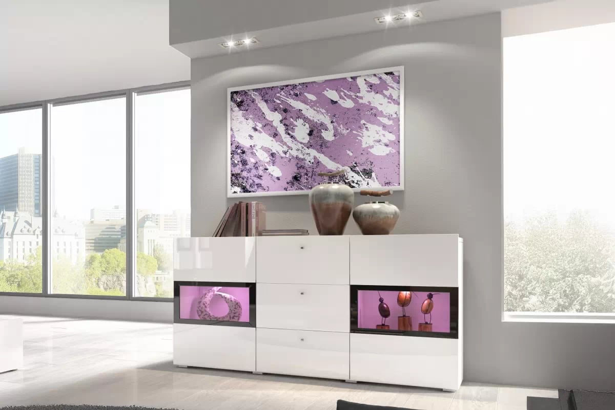 Komoda so zásuvkami Baros 26 - 132 cm - biely lesk Dvojdverová Dvojdverová Komoda Baros 26 s tromi zásuvkami s tromi zásuvkami so zásuvkami 132 cm - biely lesk