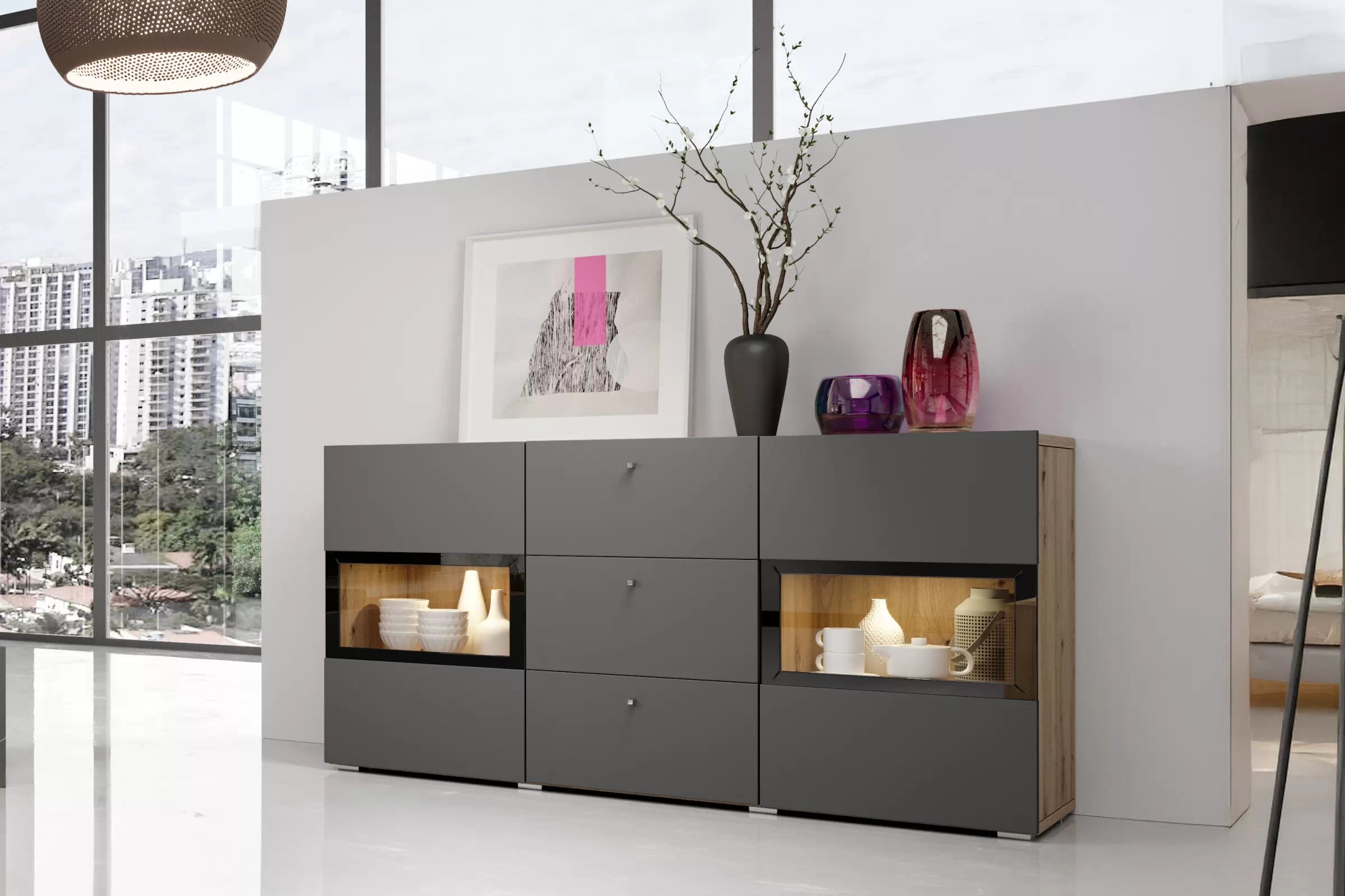 Komoda Baros 132 cm se zásuvkami - dub artisan / šedý mat Komoda Baros 26 se zásuvkami 132 cm - dub artisan / šedá mat