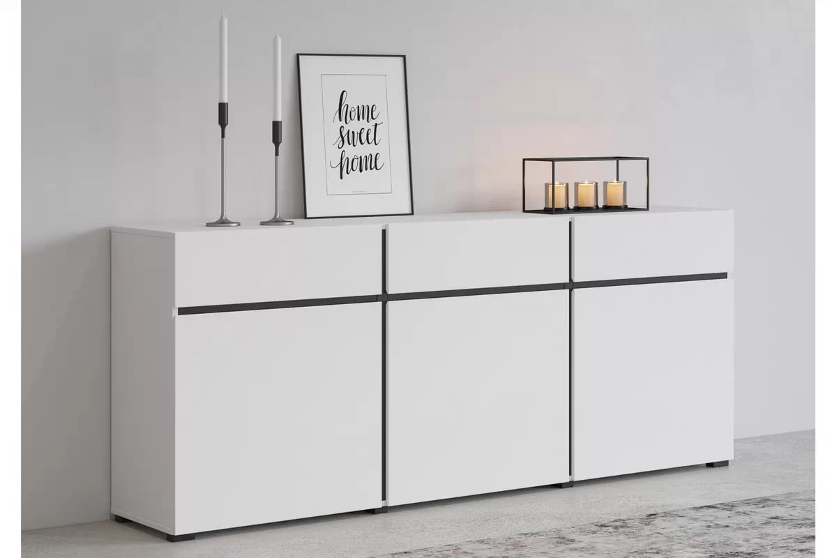 Komoda Gramon 180 cm se zásuvkami - bílá / černá Komoda Cross 43 s zásuvkami 180 cm - bílý / černý