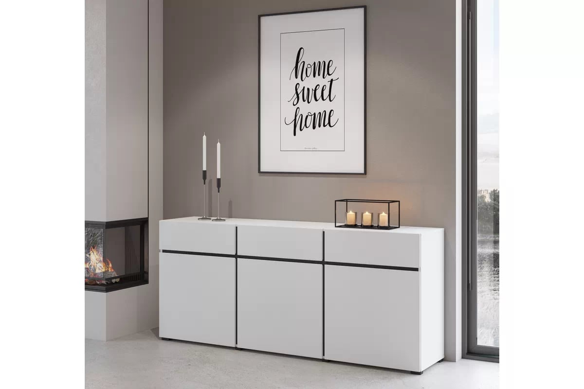 Komoda Gramon 180 cm se zásuvkami - bílá / černá Komoda Cross 43 s zásuvkami 180 cm - bílý / černý