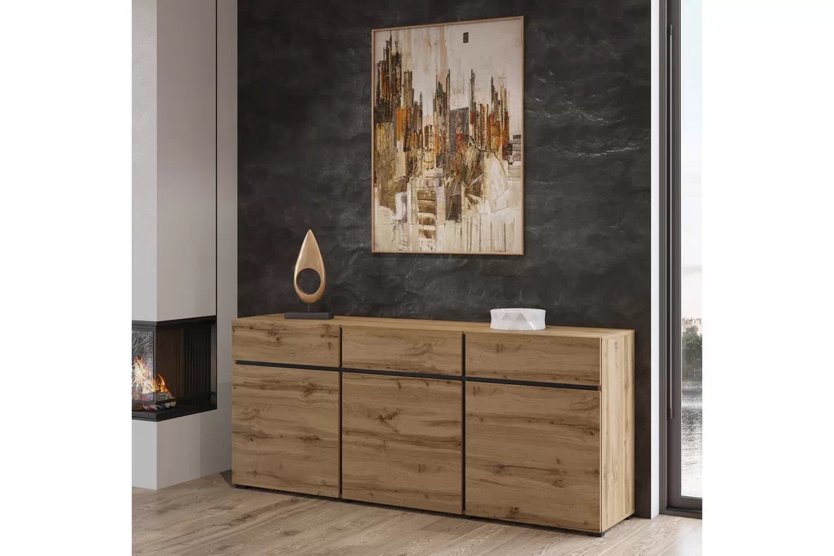 Komoda Cross 180 cm s 3 zásuvkami - dub wotan / čierna Komoda Cross 43 so zásuvkami 180 cm - Dub wotan / Čierny