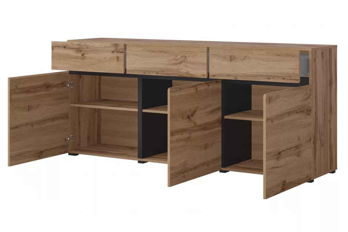 Komoda Cross 180 cm s 3 zásuvkami - dub wotan / čierna Komoda Cross 43 so zásuvkami 180 cm - Dub wotan / Čierny