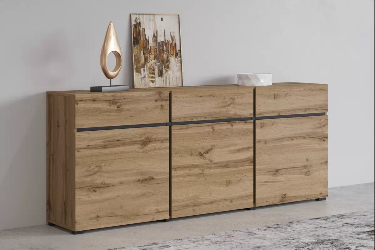 Komoda Cross 180 cm s 3 zásuvkami - dub wotan / čierna Komoda Cross 43 so zásuvkami 180 cm - Dub wotan / Čierny