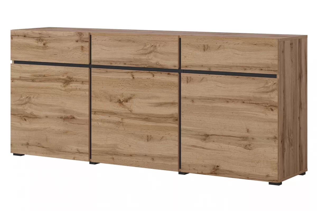 Komoda Cross 180 cm s 3 zásuvkami - dub wotan / čierna Komoda Cross 43 so zásuvkami 180 cm - Dub wotan / Čierny