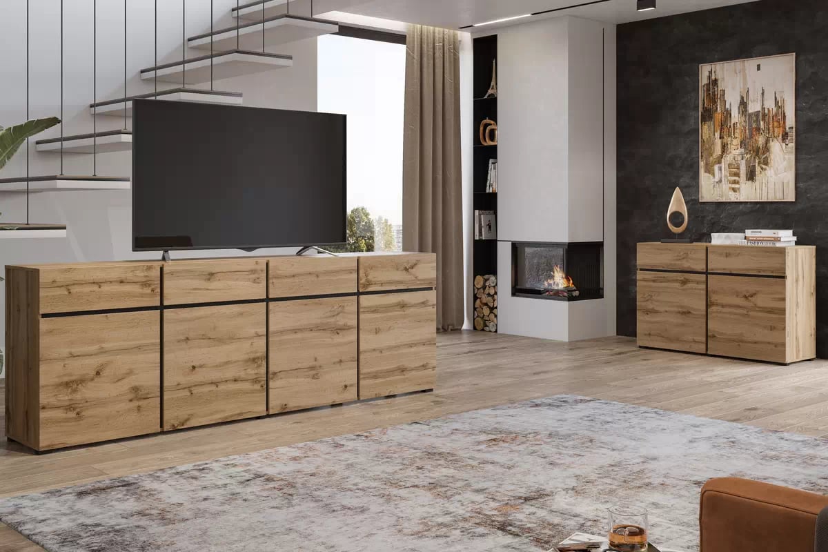 Komoda Cross 119 cm se zásuvkami - dub wotan / černá Komoda Cross 45 s zásuvkami 119 cm - Dub wotan / Černý