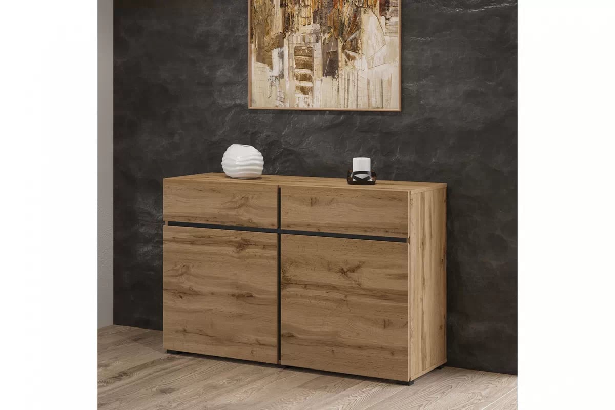 Komoda Cross 119 cm se zásuvkami - dub wotan / černá Komoda Cross 45 s zásuvkami 119 cm - Dub wotan / Černý