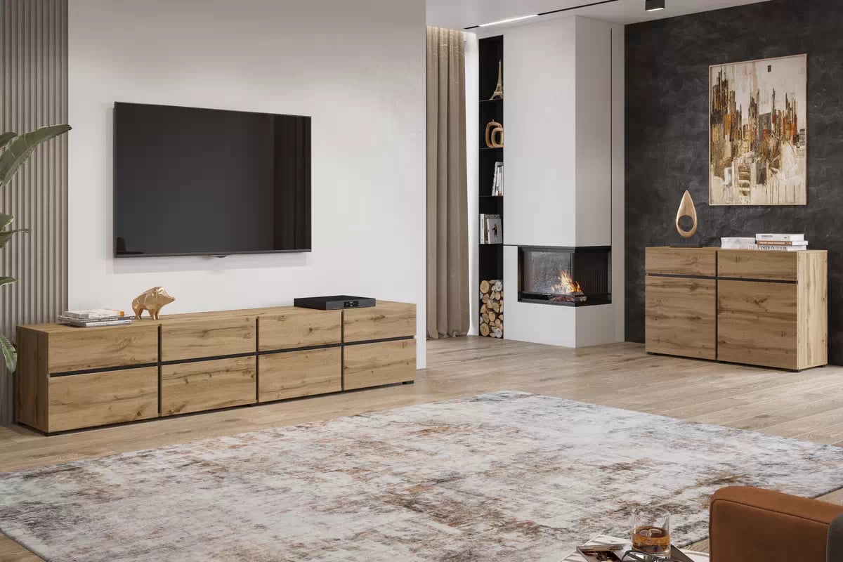 Komoda Cross 119 cm se zásuvkami - dub wotan / černá Komoda Cross 45 s zásuvkami 119 cm - Dub wotan / Černý