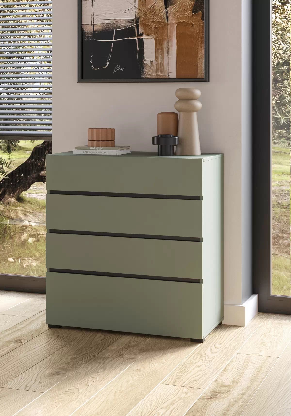 Komoda Cross 80 cm – tlumená zelená / černá Komoda Cross 80 cm se zásuvkami - zgaszona zelená / zgaszona zelená - černá