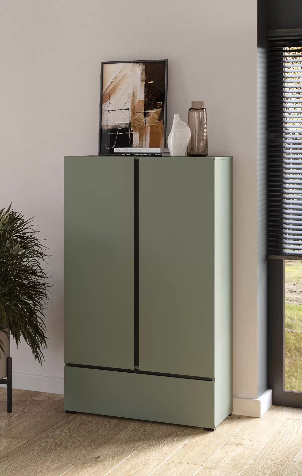 Komoda Cross 89 cm – tlumená zelená / černá Komoda Cross 89 cm z szuflada - zgaszona zelená / zgaszona zelená - černá