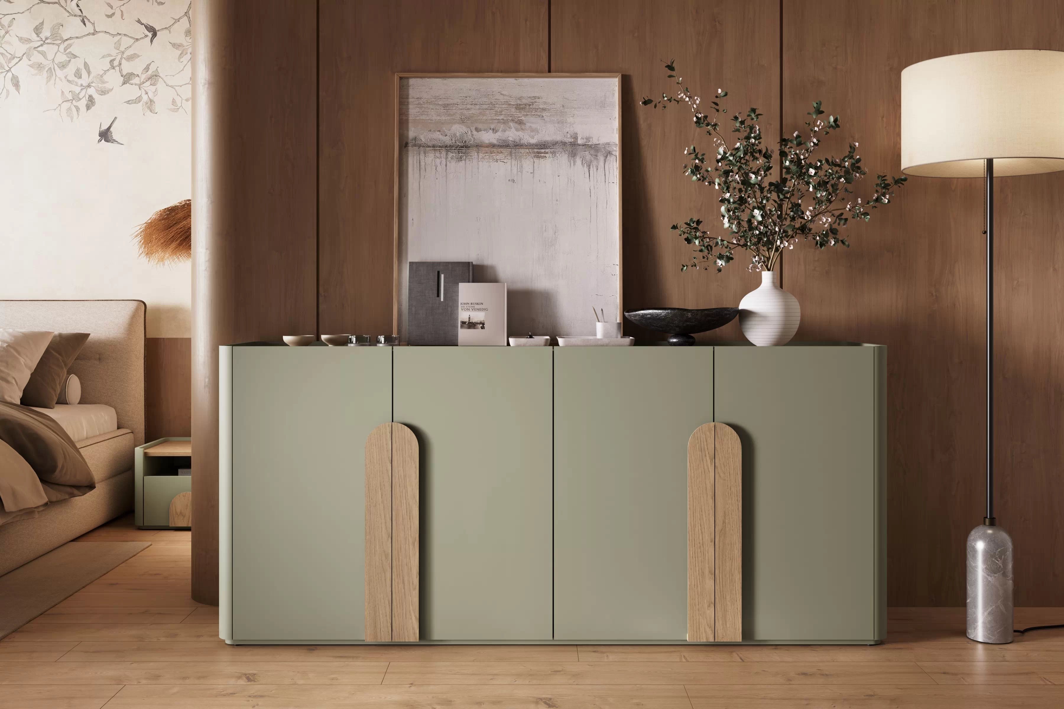 Čtyřdveřová komoda Amilio 200 cm - eukalyptus / dub baltic dune / úchyty dub přírodní Komoda čtyřdveřová Amilio 200 cm - eukaliptus / dub baltic dune / Úchytky dub přírodní