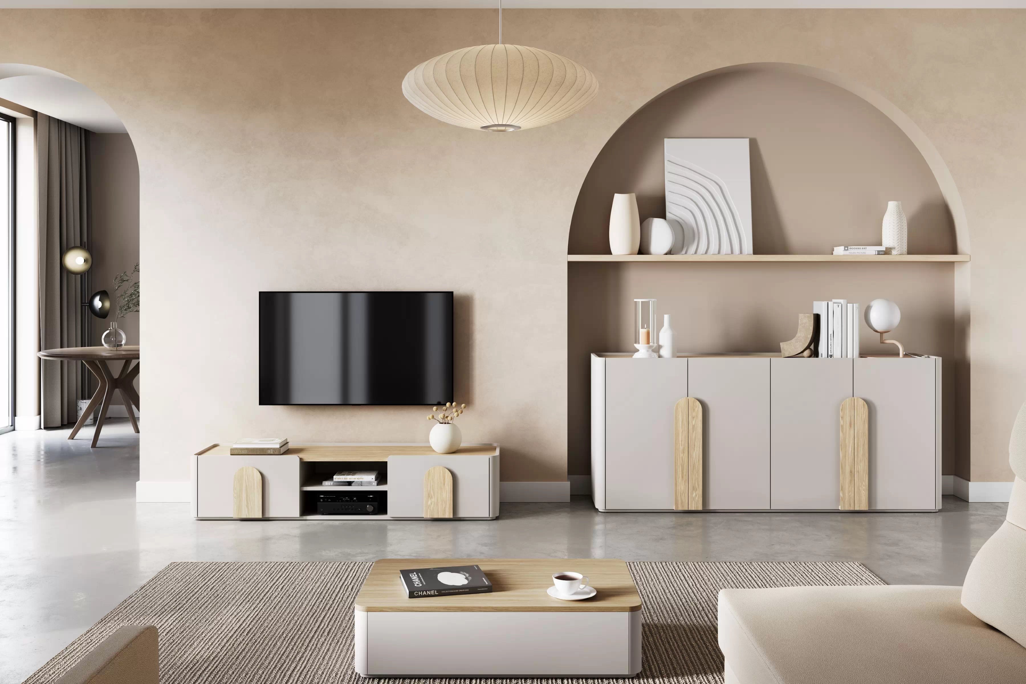 Čtyřdveřová komoda Amilio 200 cm - kašmír / olejovaný dub / úchyty světlý dub Komoda čtyřdveřová Amilio 200 cm - kašmír / dub olejowany / Úchytky světlý dub