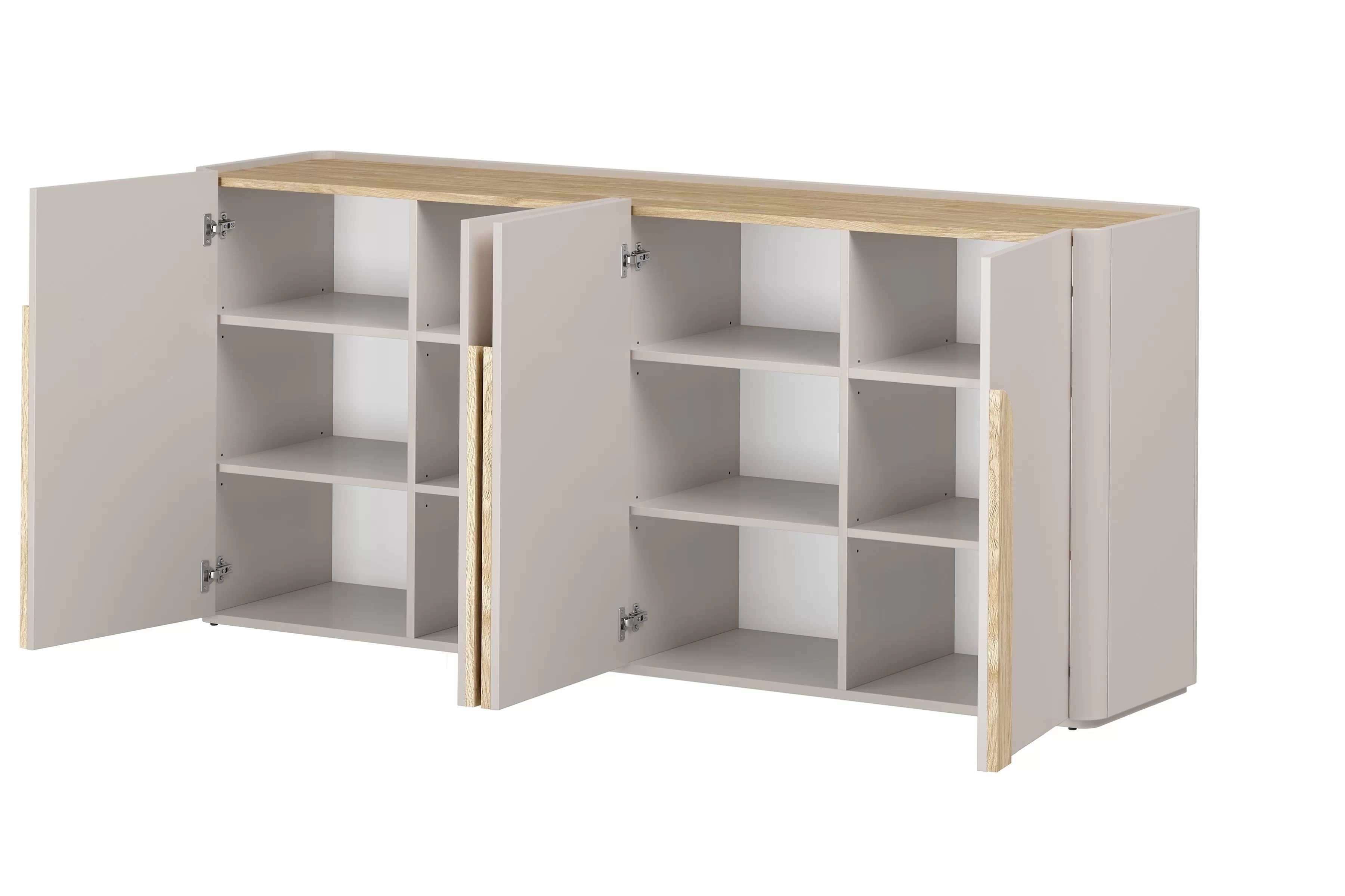 Čtyřdveřová komoda Amilio 200 cm - kašmír / olejovaný dub / úchyty světlý dub Komoda čtyřdveřová Amilio 200 cm - kašmír / dub olejowany / Úchytky světlý dub