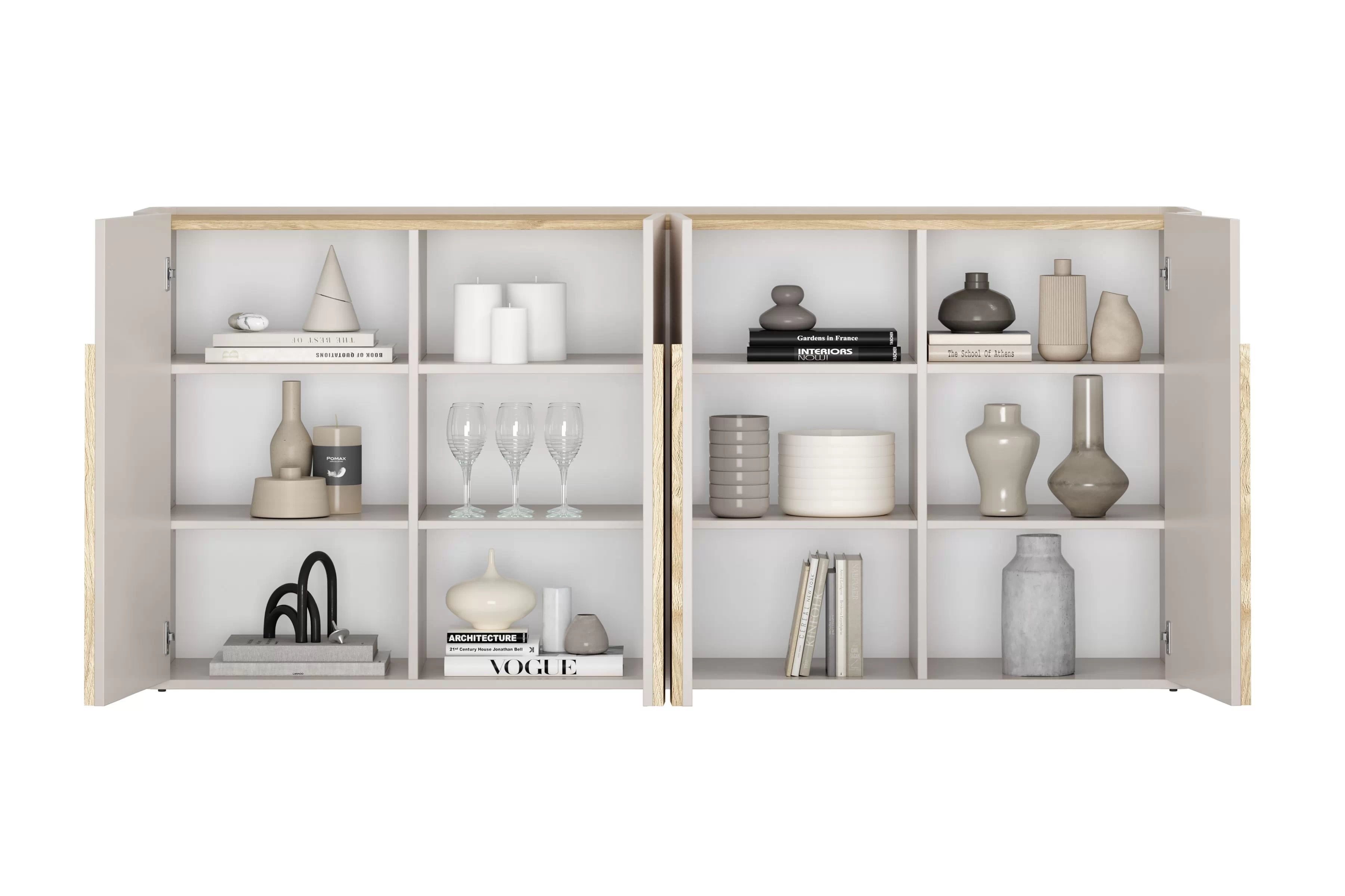 Čtyřdveřová komoda Amilio 200 cm - kašmír / olejovaný dub / úchyty světlý dub Komoda čtyřdveřová Amilio 200 cm - kašmír / dub olejowany / Úchytky světlý dub