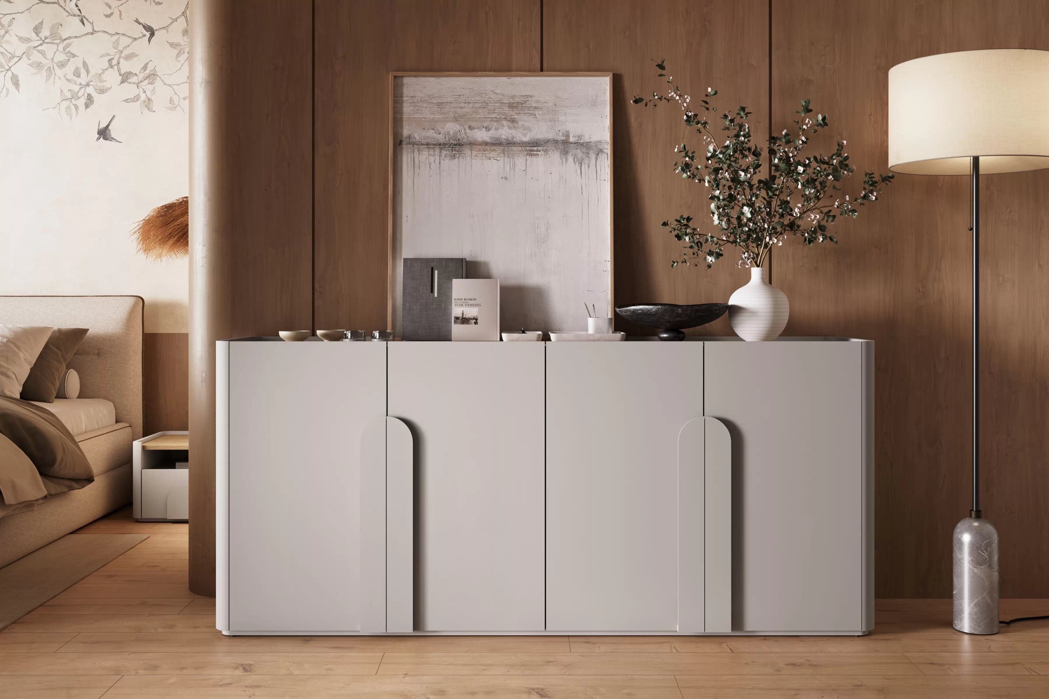 Čtyřdveřová komoda Amilio 200 cm - kašmír / olejovaný dub / úchytky kašmír Komoda čtyřdveřová Amilio 200 cm - kašmír / dub olejowany / Úchytky kašmír