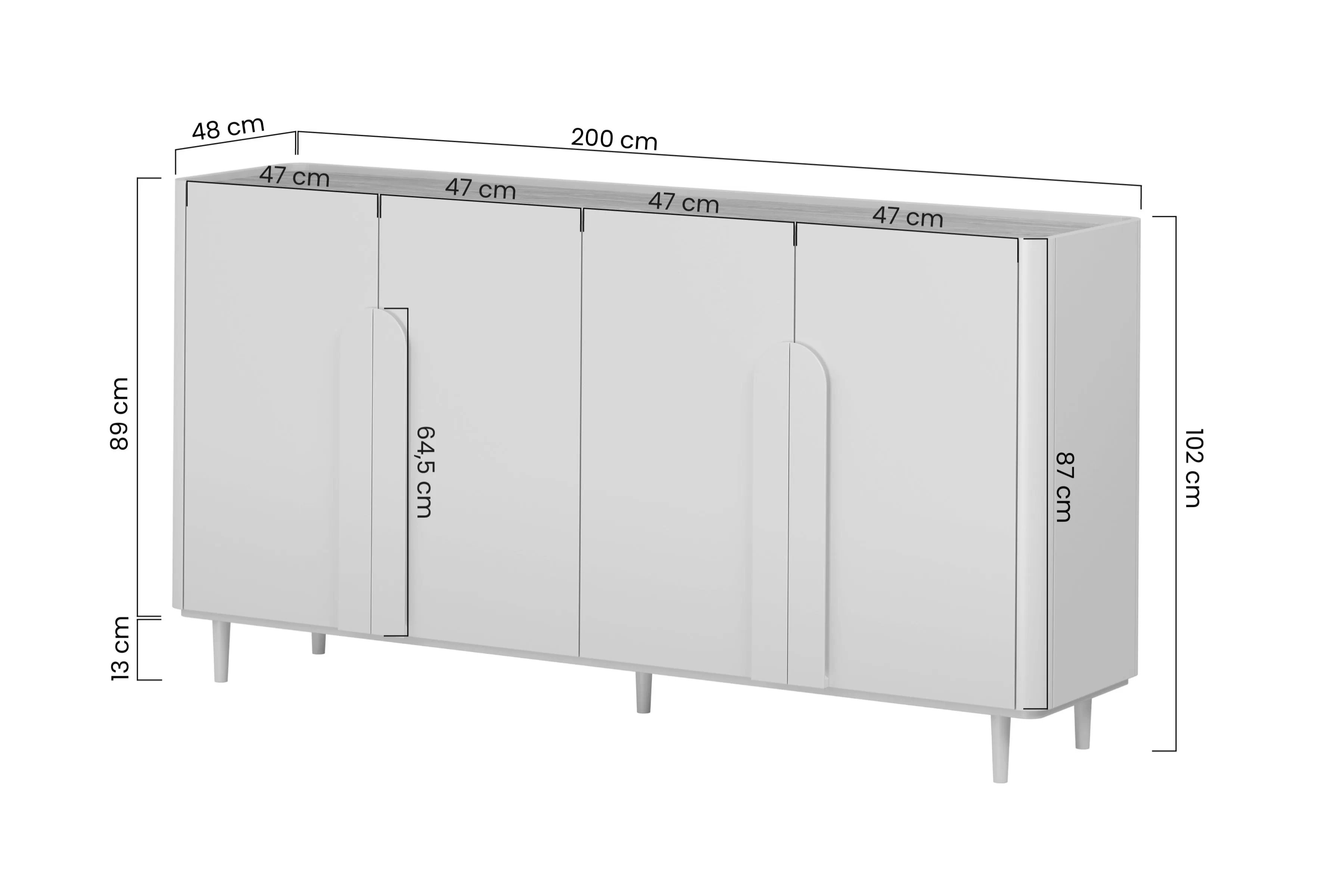 Komoda Amilio 200 cm - eukalyptus / dub baltic dune / dub prírodný Štvordverová Komoda Amilio 200 cm na nôžkach - eukaliptus / Dub baltic dune / úchyty Dub prírodné
