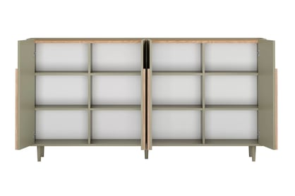 Komoda čtyřdveřová Amilio 200 cm na nožkách - eukaliptus / dub baltic dune / Úchytky dub přírodní Komoda čtyřdveřová Amilio 200 cm na nožkách - eukaliptus / dub baltic dune / Úchytky dub přírodní
