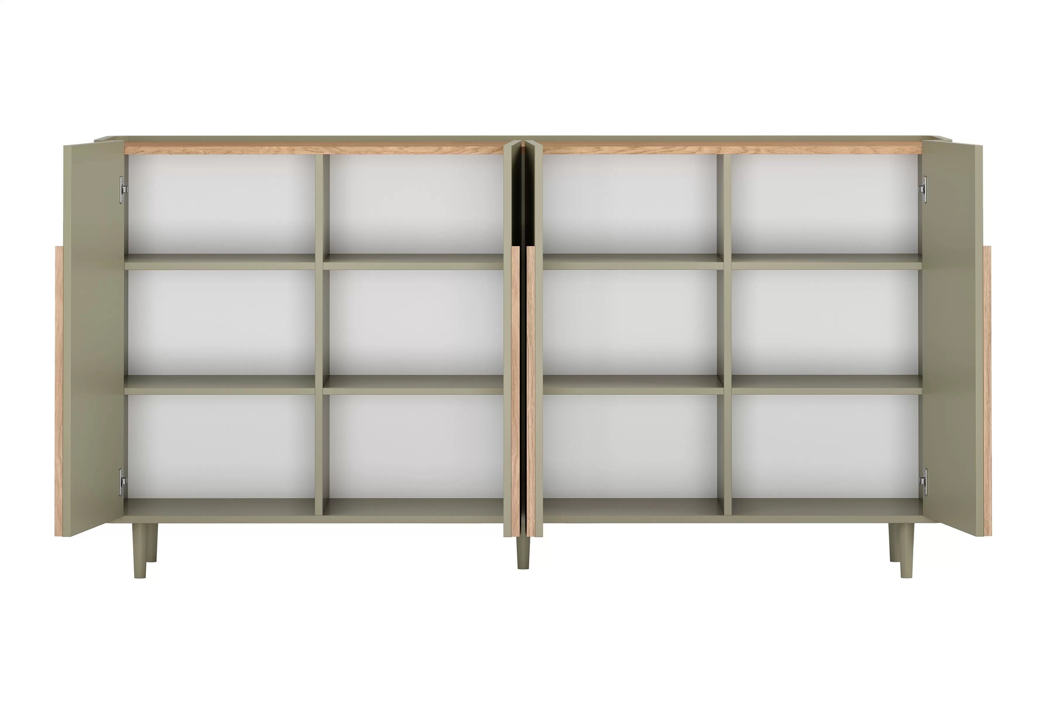 Komoda Amilio 200 cm - eukalyptus / dub baltic dune / dub prírodný Štvordverová Komoda Amilio 200 cm na nôžkach - eukaliptus / Dub baltic dune / úchyty Dub prírodné