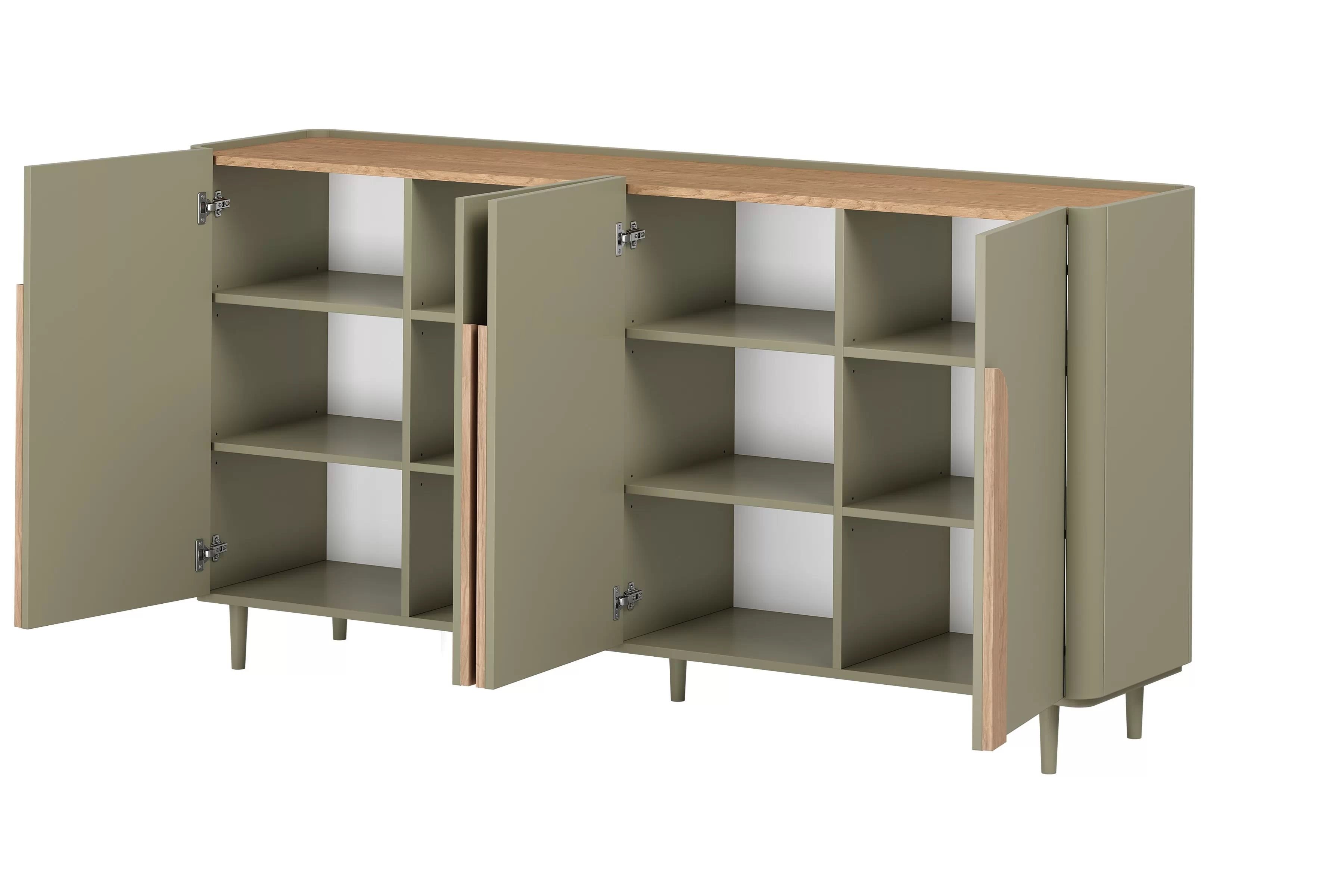 Komoda Amilio 200 cm - eukalyptus / dub baltic dune / dub prírodný Štvordverová Komoda Amilio 200 cm na nôžkach - eukaliptus / Dub baltic dune / úchyty Dub prírodné