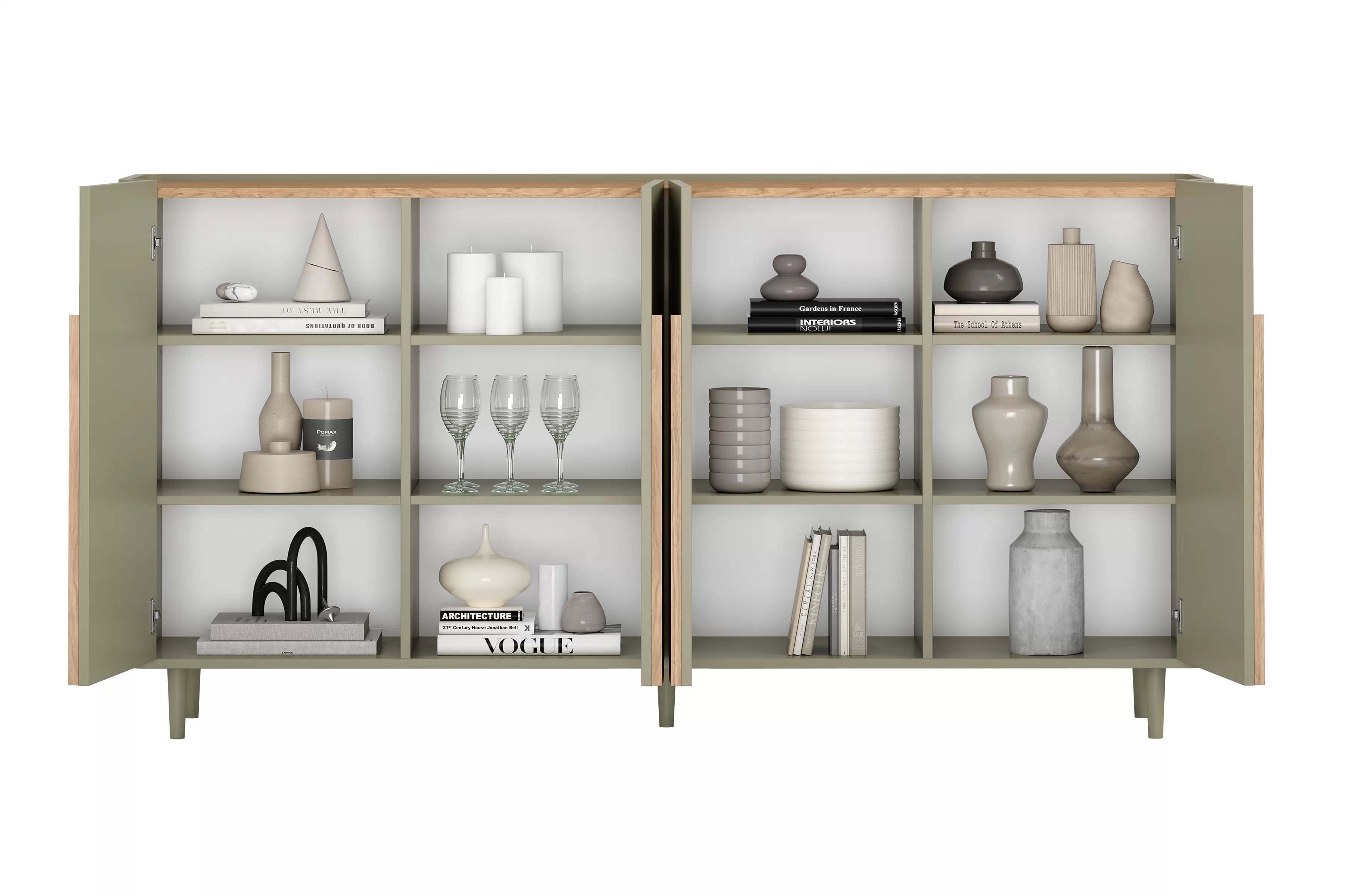 Komoda Amilio 200 cm - eukalyptus / dub baltic dune / dub prírodný Štvordverová Komoda Amilio 200 cm na nôžkach - eukaliptus / Dub baltic dune / úchyty Dub prírodné