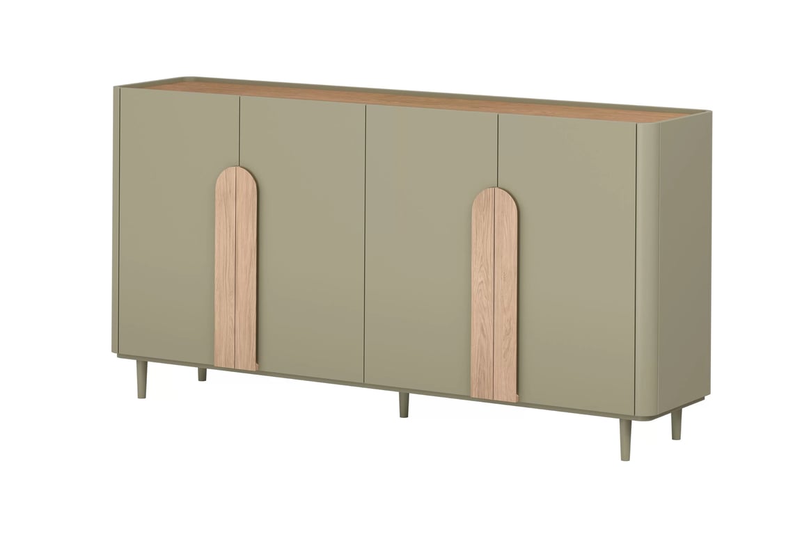 Komoda čtyřdveřová Amilio 200 cm na nožkách - eukaliptus / dub baltic dune / Úchytky dub přírodní Komoda čtyřdveřová Amilio 200 cm na nožkách - eukaliptus / dub baltic dune / Úchytky dub přírodní