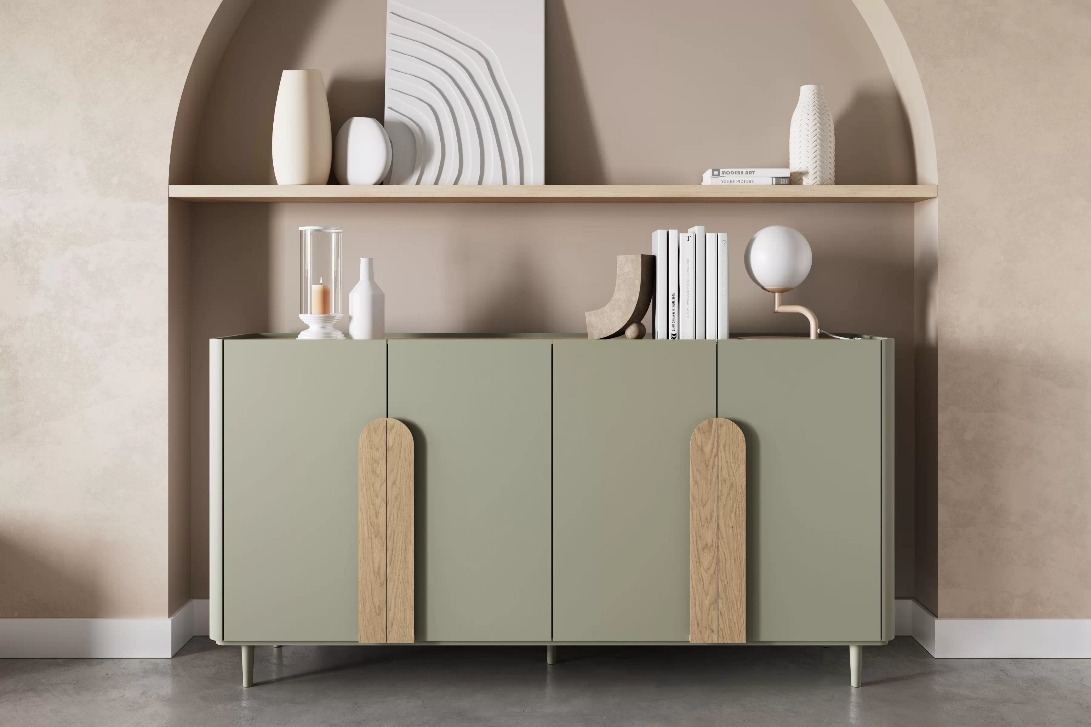 Komoda Amilio 200 cm - eukalyptus / dub baltic dune / dub prírodný Štvordverová Komoda Amilio 200 cm na nôžkach - eukaliptus / Dub baltic dune / úchyty Dub prírodné