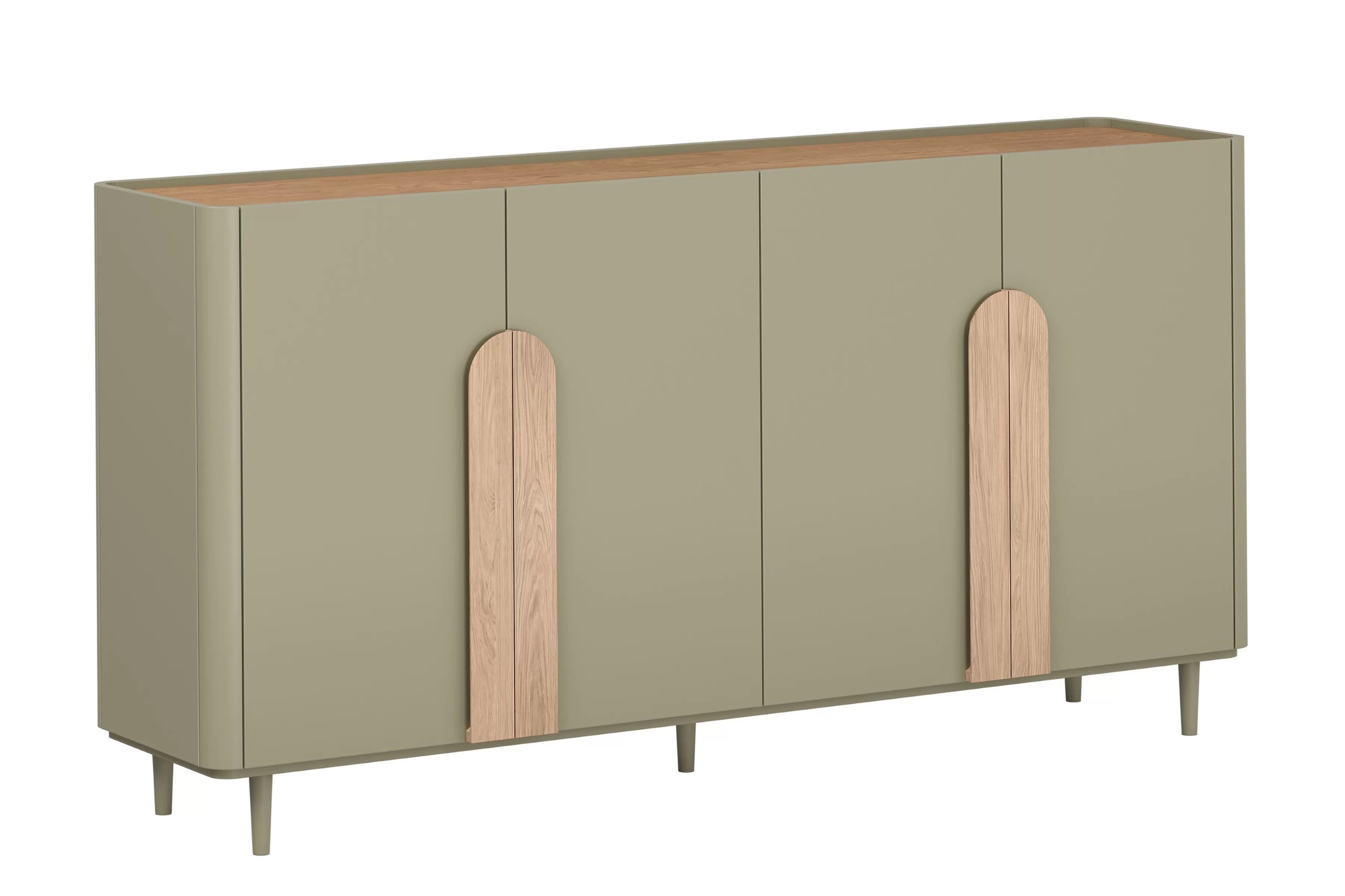 Komoda Amilio 200 cm čtyřdveřová na nožkách - eukalyptus / dub baltic dune / úchyty dub přírodní Komoda čtyřdveřová Amilio 200 cm na nožkách - eukaliptus / dub baltic dune / Úchytky dub přírodní