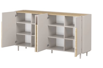 Komoda čtyřdveřová Amilio 200 cm na nožkách - kašmír / dub olejowany / Úchytky světlý dub Komoda čtyřdveřová Amilio 200 cm na nožkách - kašmír / dub olejowany / Úchytky světlý dub
