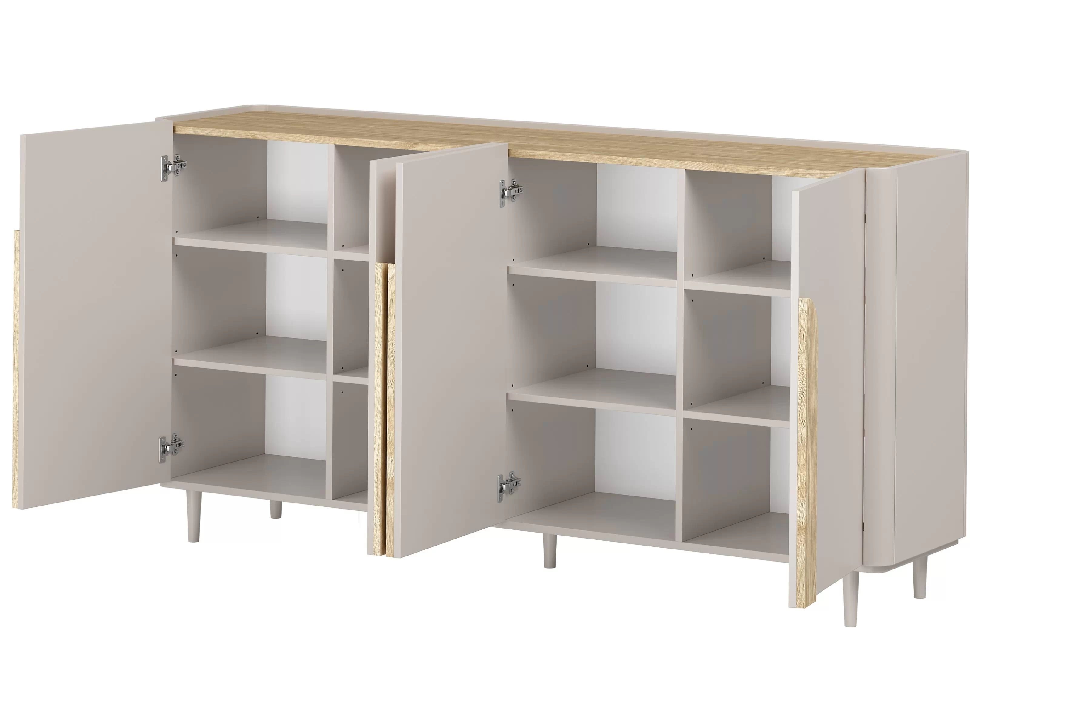 Komoda Amilio 200 cm na nožkách - kašmírová / dub olejovaný / úchytky dub světlý Komoda čtyřdveřová Amilio 200 cm na nožkách - kašmír / dub olejowany / Úchytky světlý dub