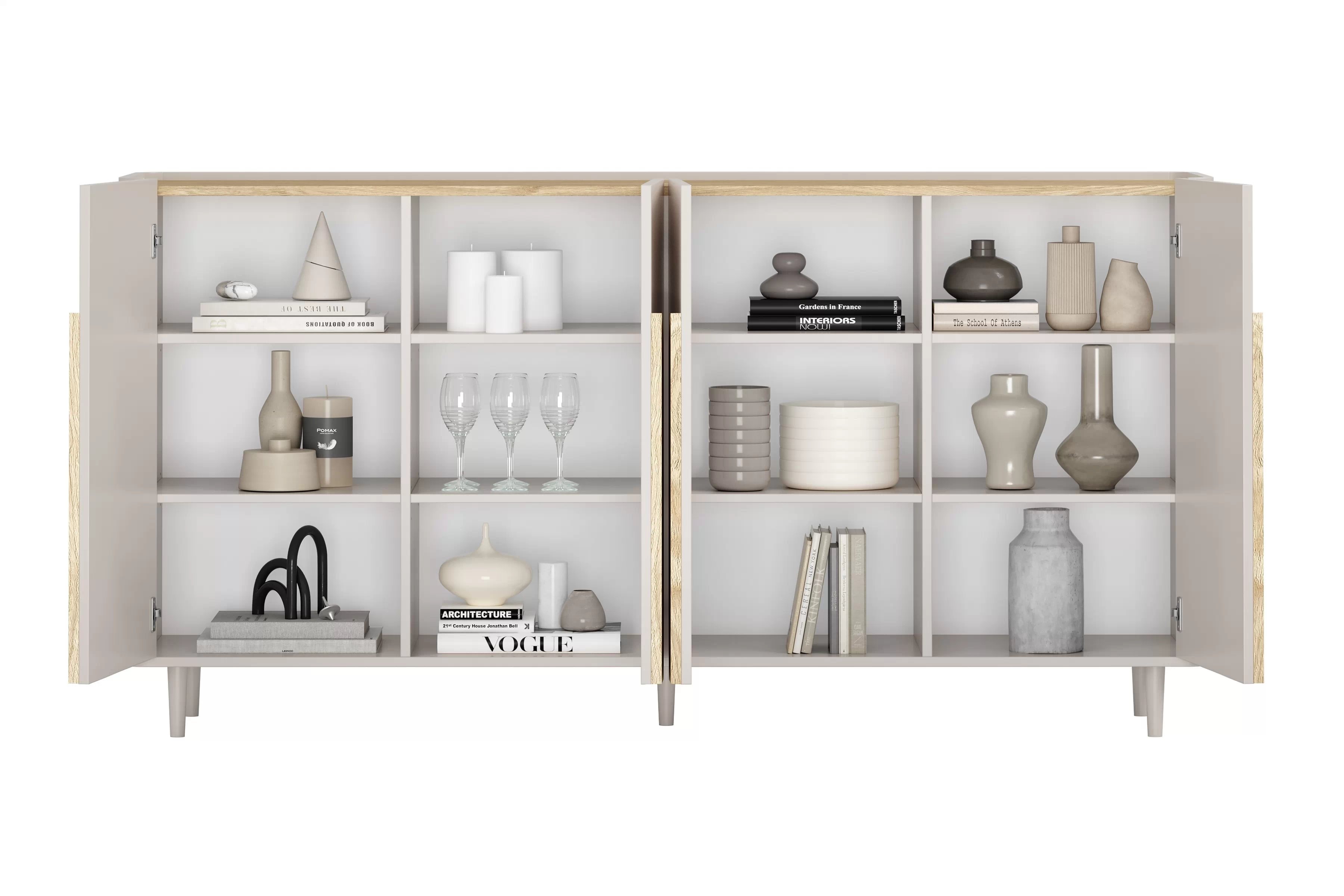 Komoda Amilio 200 cm na nožkách - kašmírová / dub olejovaný / úchytky dub světlý Komoda čtyřdveřová Amilio 200 cm na nožkách - kašmír / dub olejowany / Úchytky světlý dub