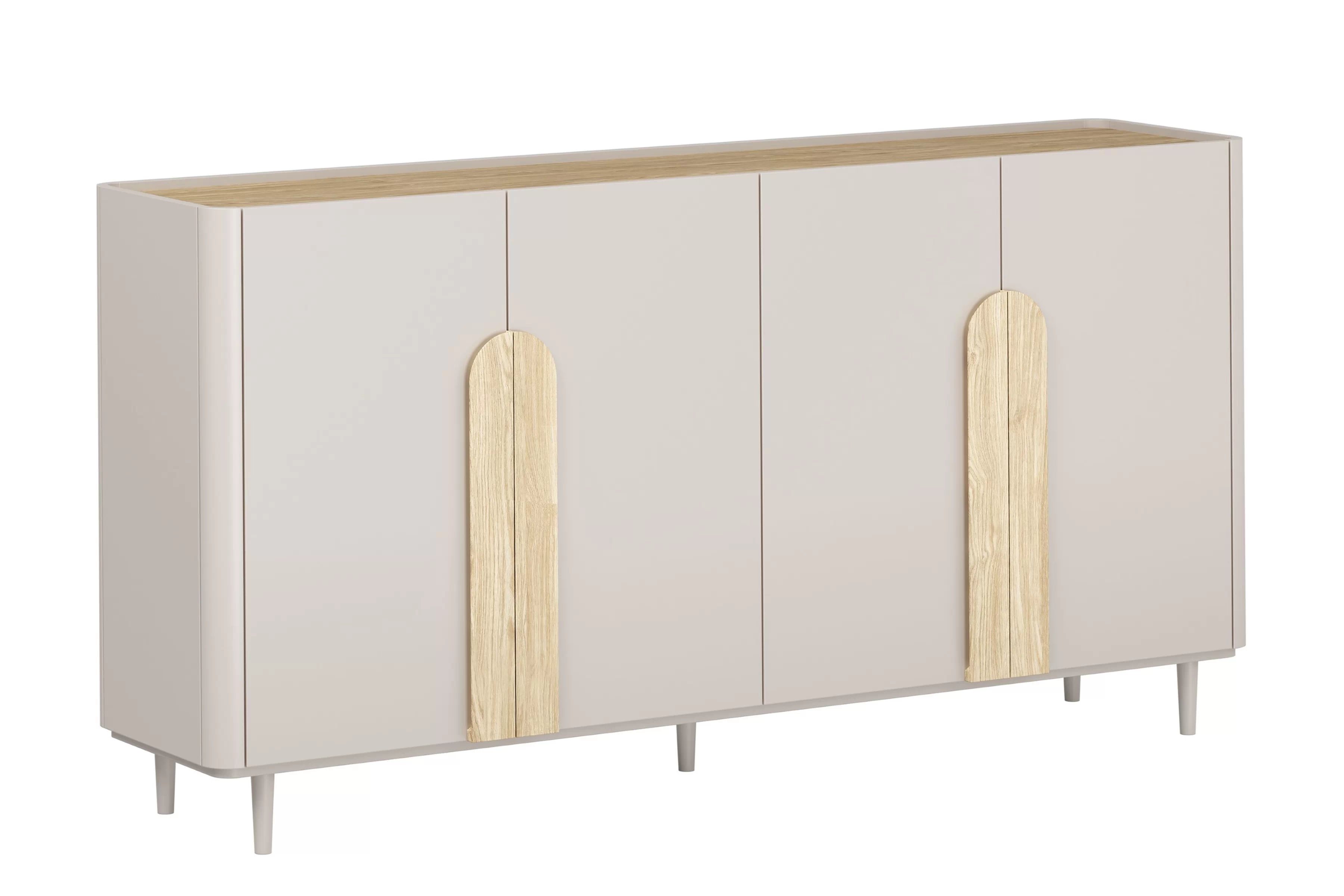 Komoda Amilio 200 cm čtyřdveřová na nožkách - kašmír / olejovaný dub / úchyty světlý dub Komoda čtyřdveřová Amilio 200 cm na nožkách - kašmír / dub olejowany / Úchytky světlý dub