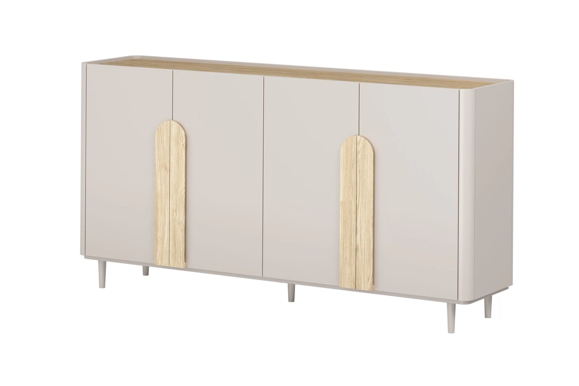 Komoda čtyřdveřová Amilio 200 cm na nožkách - kašmír / dub olejowany / Úchytky světlý dub Komoda čtyřdveřová Amilio 200 cm na nožkách - kašmír / dub olejowany / Úchytky světlý dub