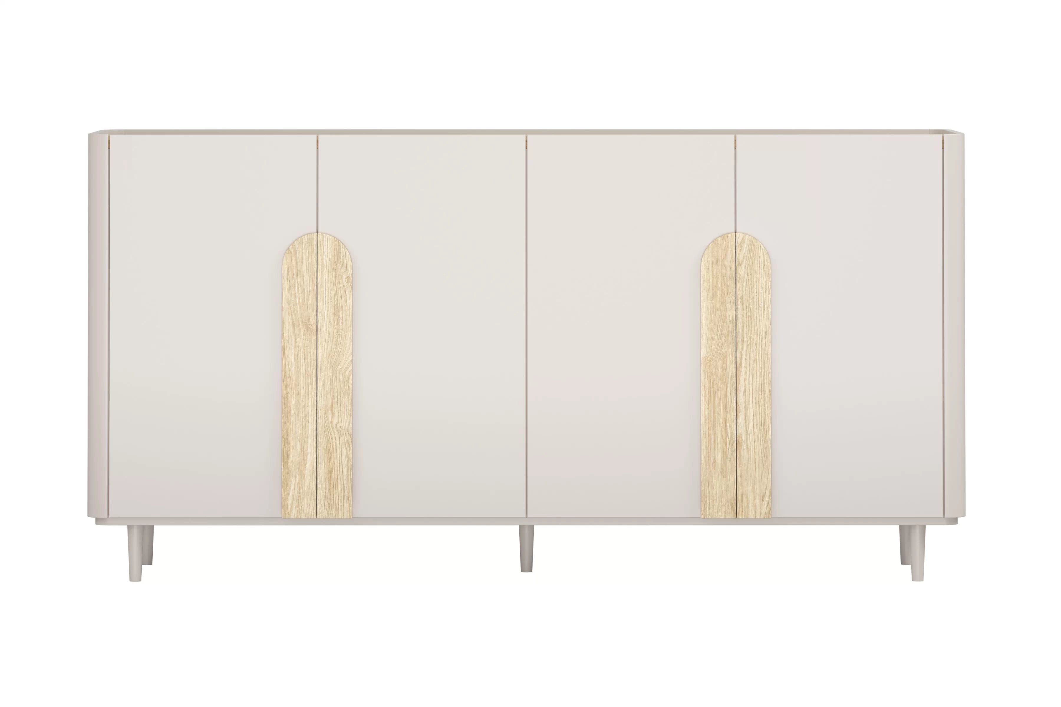 Komoda Amilio 200 cm na nožkách - kašmírová / dub olejovaný / úchytky dub světlý Komoda čtyřdveřová Amilio 200 cm na nožkách - kašmír / dub olejowany / Úchytky světlý dub