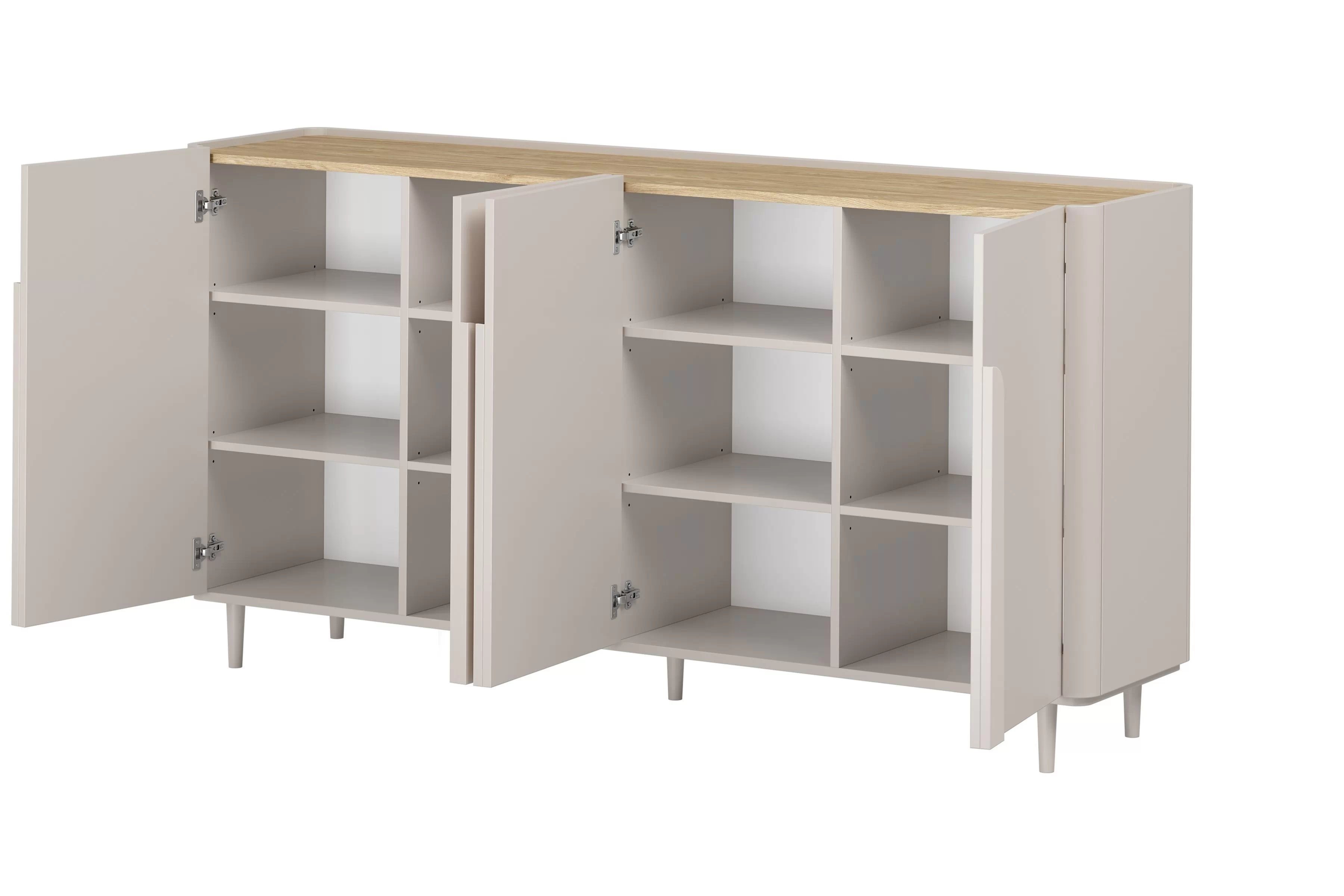 Čtyřdveřová komoda Amilio 200 cm na nožkách - kašmír / olejovaný dub / úchytky kašmír Komoda čtyřdveřová Amilio 200 cm na nožkách - kašmír / dub olejowany / Úchytky kašmír