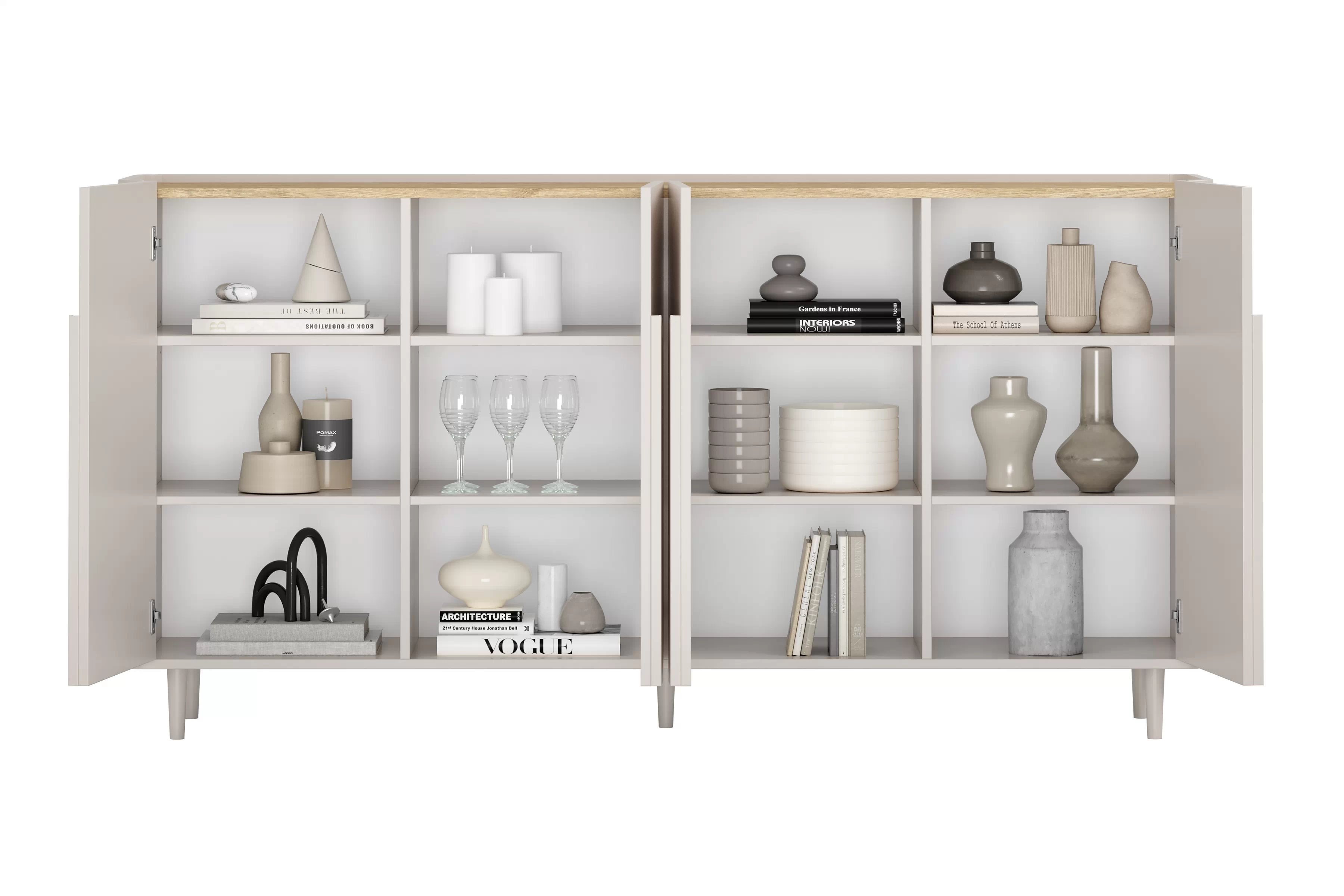 Čtyřdveřová komoda Amilio 200 cm na nožkách - kašmír / olejovaný dub / úchytky kašmír Komoda čtyřdveřová Amilio 200 cm na nožkách - kašmír / dub olejowany / Úchytky kašmír