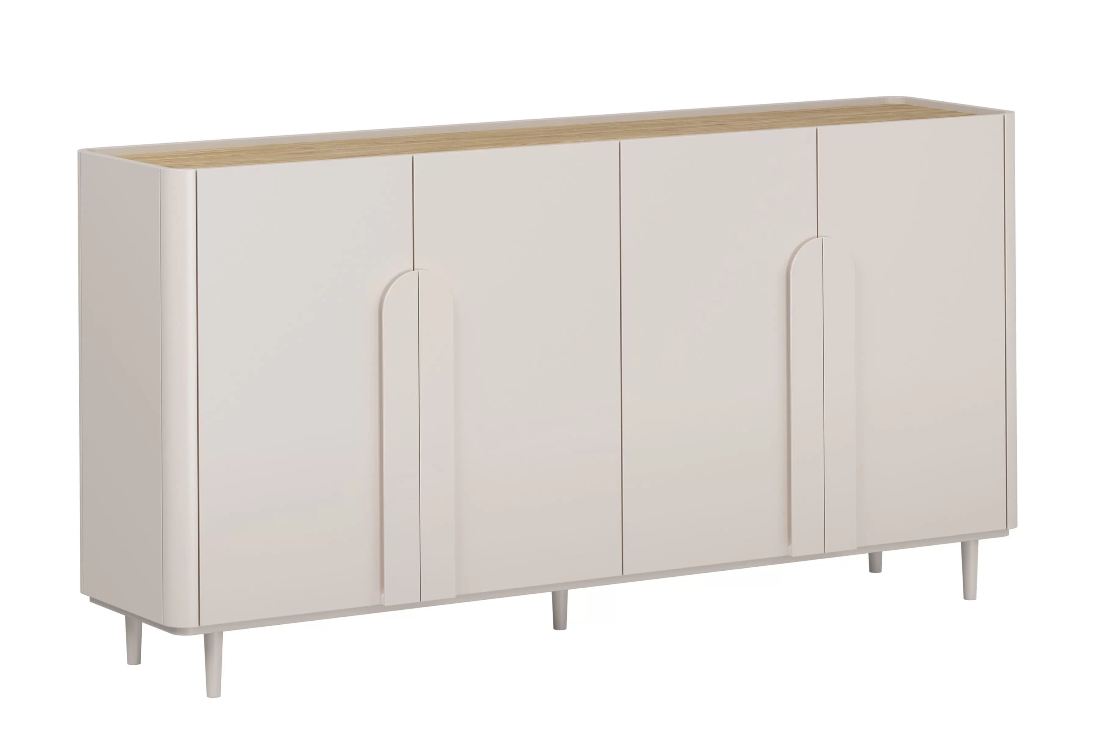 Komoda Amilio 200 cm čtyřdveřová na nožkách - kašmír / olejovaný dub / úchyty kašmír Komoda čtyřdveřová Amilio 200 cm na nožkách - kašmír / dub olejowany / Úchytky kašmír