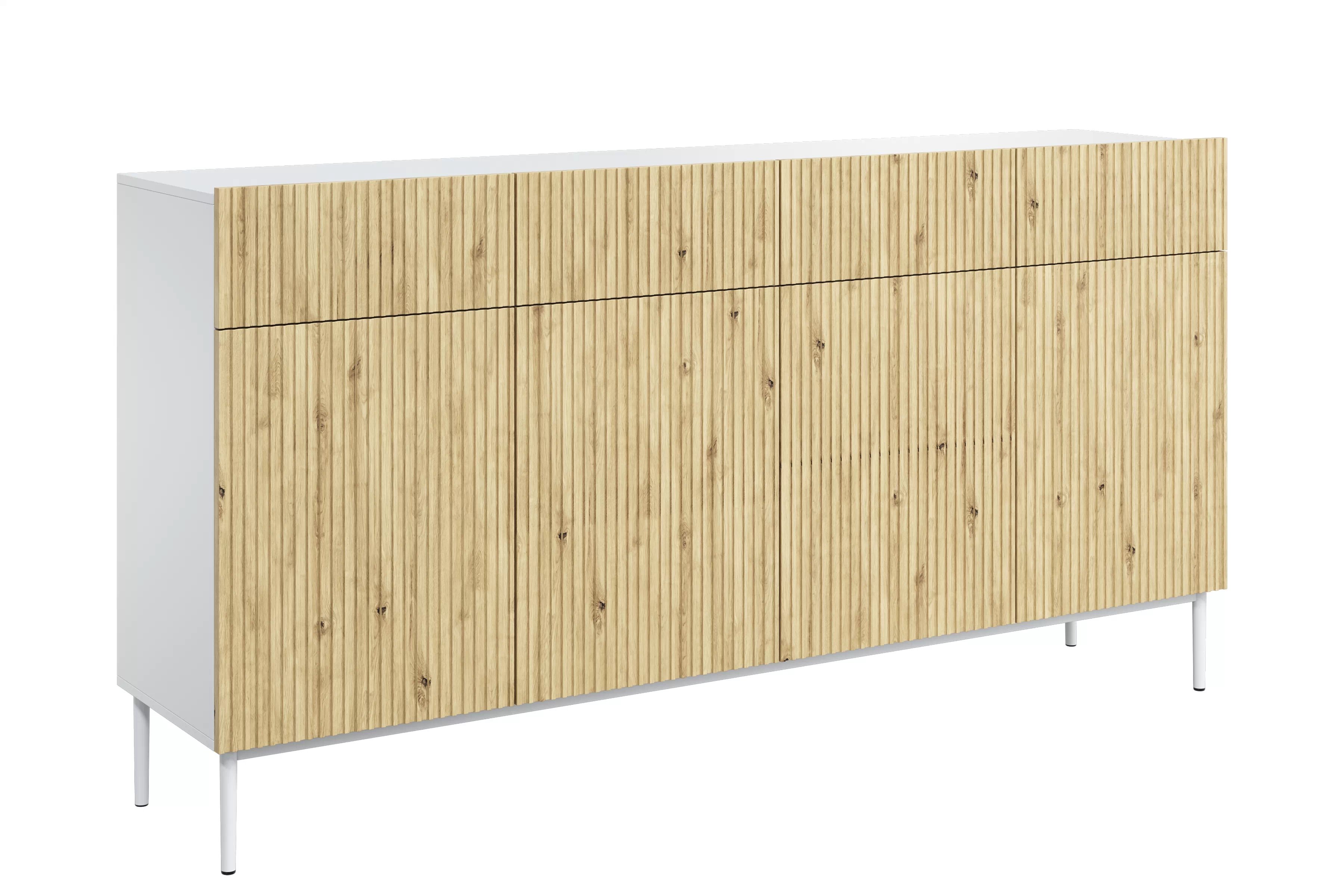 Čtyřdveřová komoda Nicole 200 cm s zásuvkami s rýhovaným předním panelem - bílá / dub artisan / bílé nohy Komoda čtyřdveřová Nicole 200 cm se zásuvkami s frézovanou přední částí - bílá / dub artisan / biale nozki - Limitowana oferta