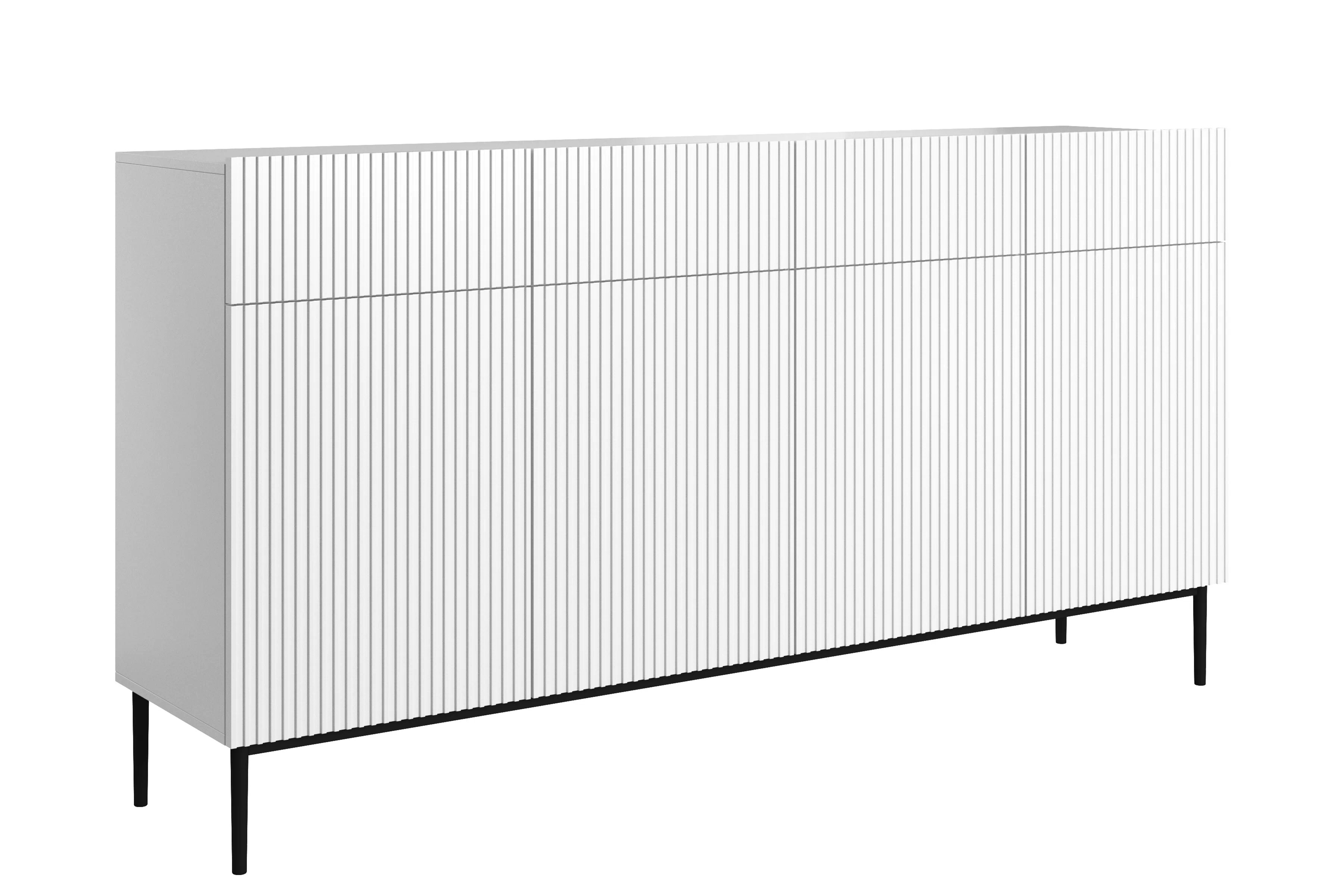 Moderní čtyřdveřová komoda Nicole 200 cm se zásuvkami s rýhovaným čelem - bílý mat / černé nohy Komoda čtyřdveřová Nicole 200 cm se zásuvkami s frézovanou přední částí - bílý mat / černá nozki
