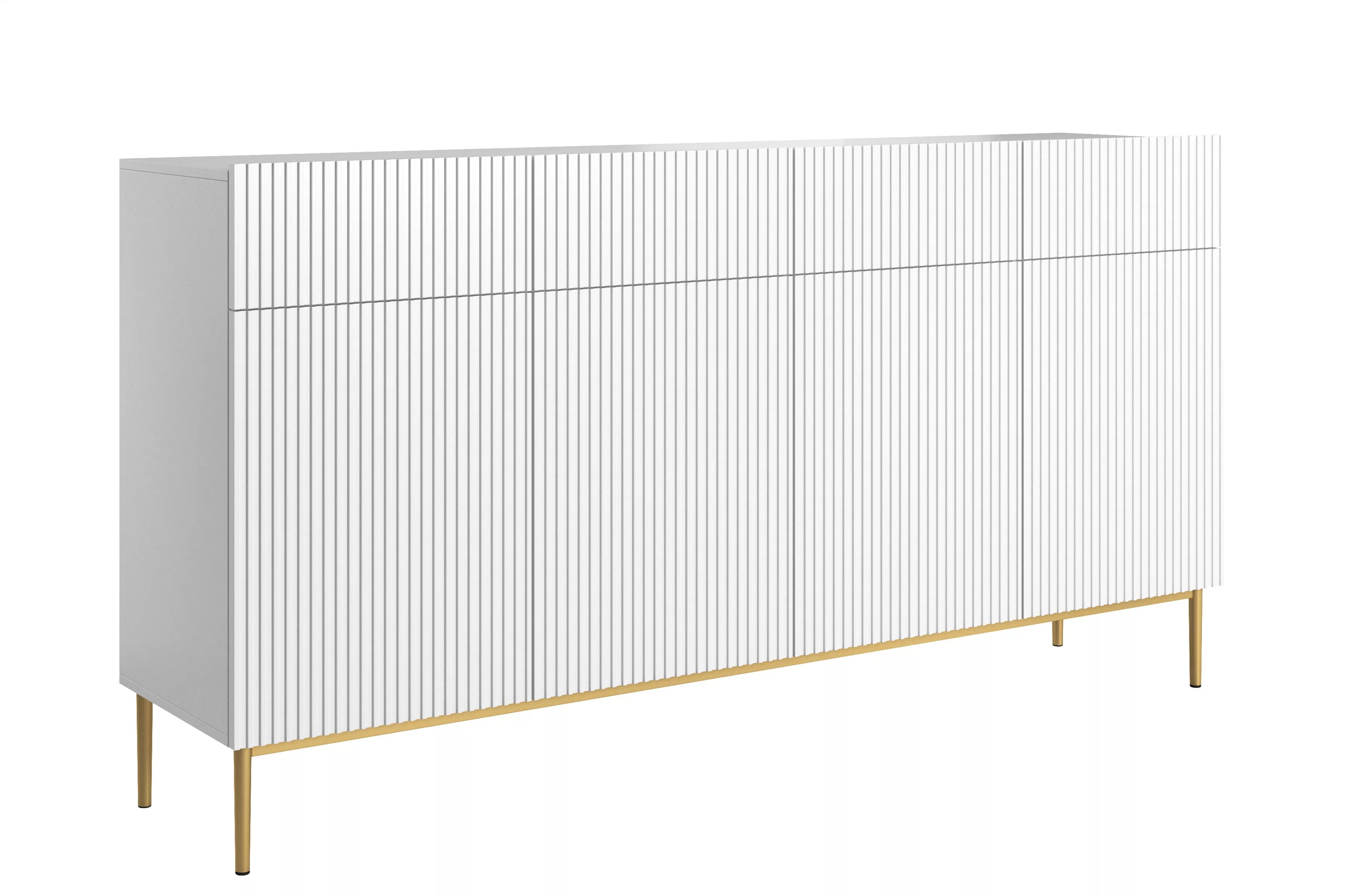Biela štvordverová komoda Nicole 200 cm so zásuvkami s ryhovaným čelom - biely mat / zlaté nožičky Štvordverová Komoda Nicole 200 cm so zásuvkami s frézovaným frontom - biely mat / zlote nozki