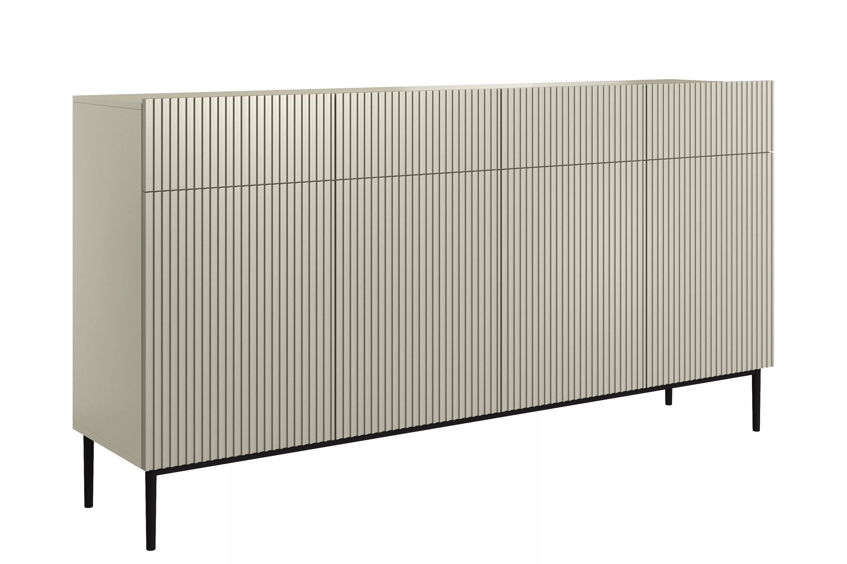 Čtyřdveřová komoda Nicole 200 cm se zásuvkami s ryhovanými čely - kašmír / černé nožky Komoda čtyřdveřová Nicole 200 cm se zásuvkami s frézovanou přední částí - kašmír / černá nozki