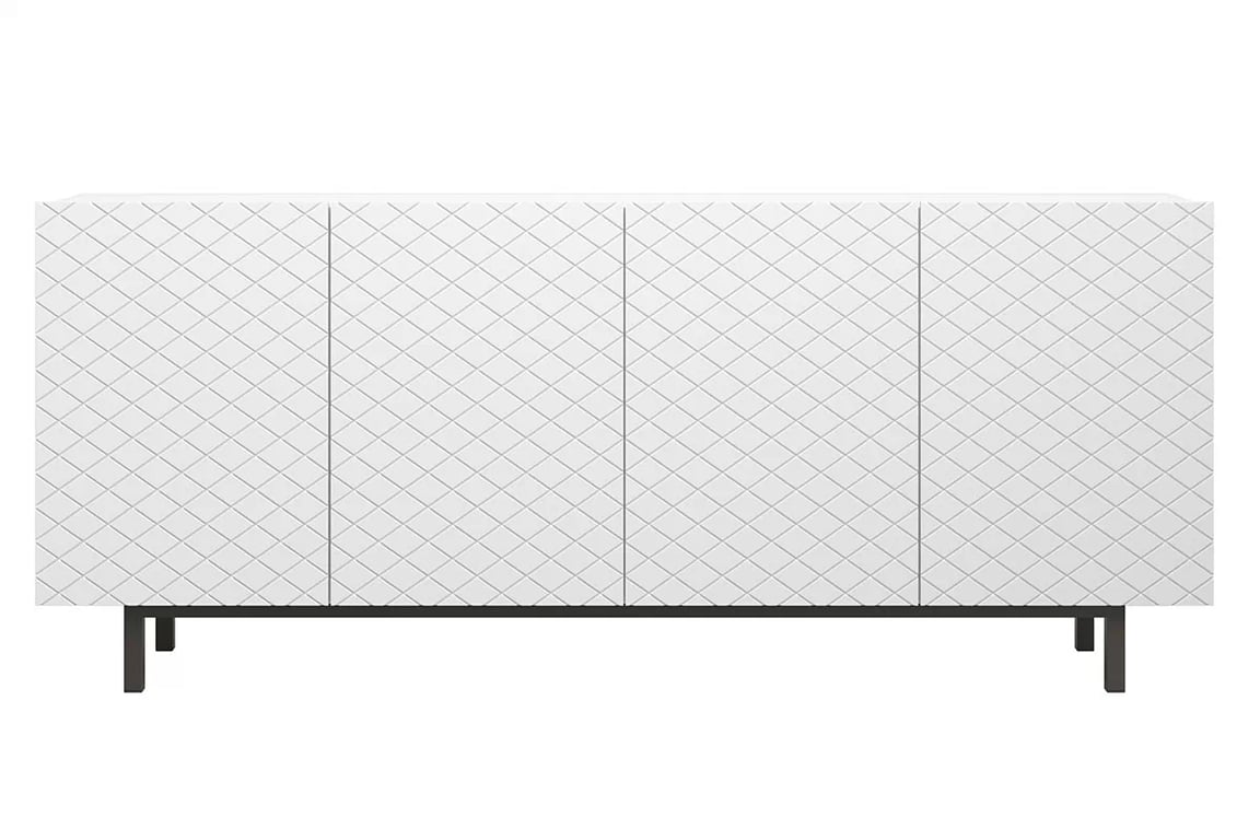 Komoda Scalia II 190 cm 4D čtyřdveřová - bílý mat / černý dekor - Omezená nabídka Komoda čtyřdveřová Scalia II 190 4D - Bílý mat / Černý Podstavec