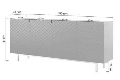 Komoda Scalia II 190 cm 4D čtyřdveřová - bílý mat / zlatý dekor - Omezená nabídka Komoda čtyřdveřová Scalia II 190 4D - bílý mat / zlatá Rošt