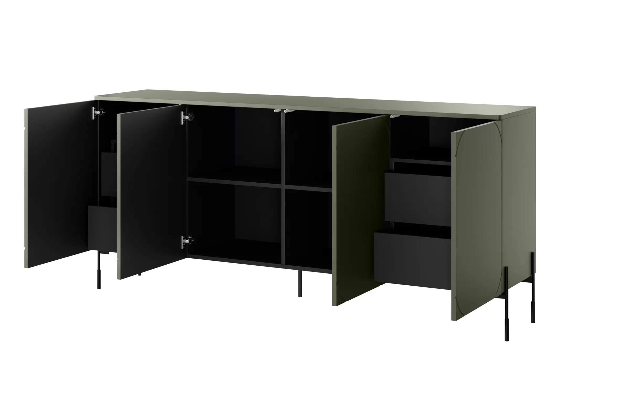 Komoda Sonatia 200 cm se čtyřmi skrytými zásuvkami - olivová Komoda čtyřdveřová se čtyřmi ukrytymi zásuvkami Sonatia 200 cm - olivová