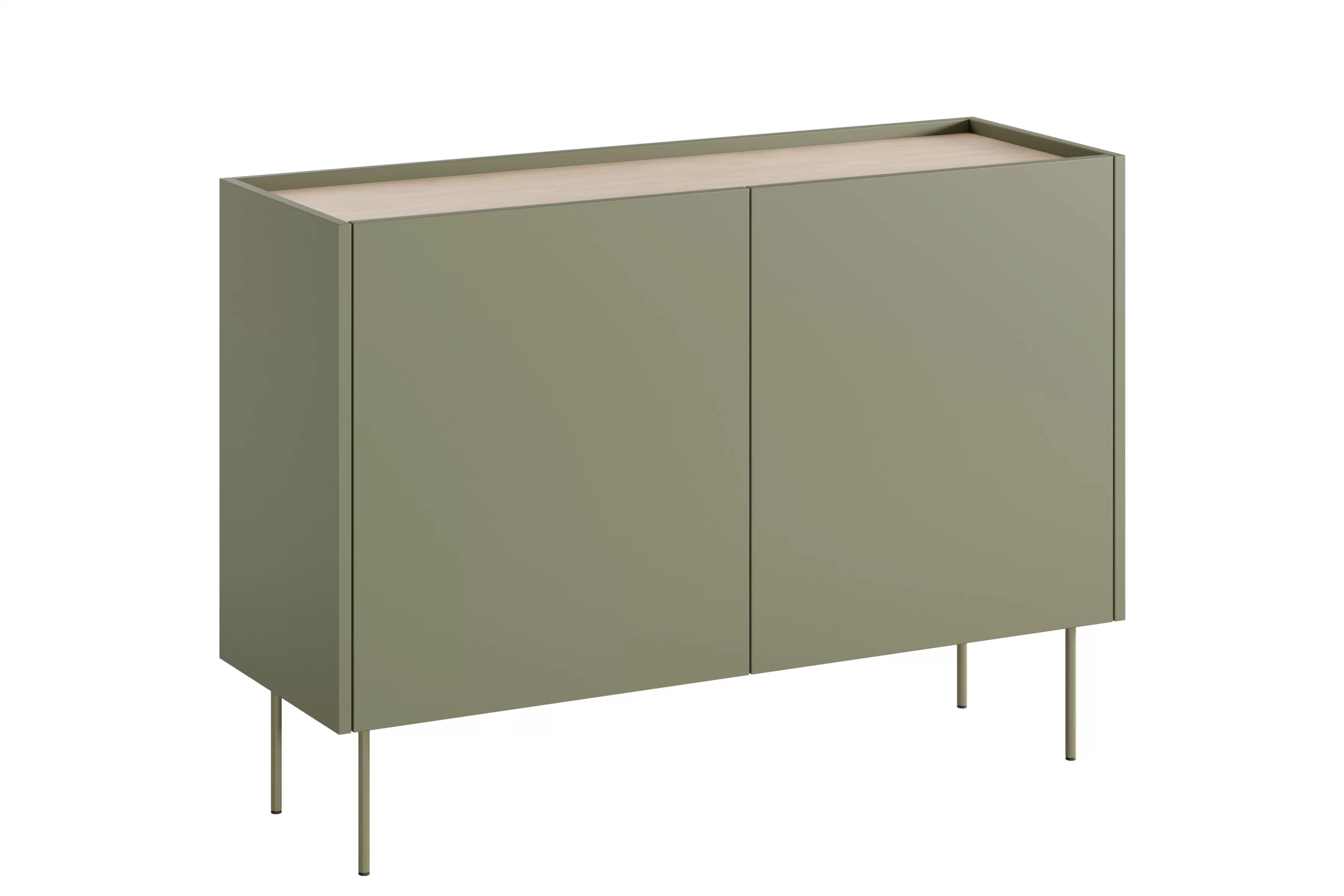Dvojdverová komoda Desin 120 cm s dvoma skrytými zásuvkami - olivová / dub nagano Komoda Desin 120 cm dvojdverová z dwiema ukrytymi zásuvkami - Oliva / Dub nagano